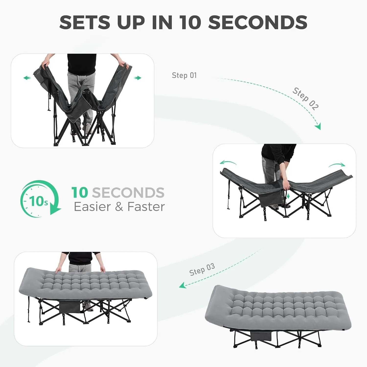 JEAREY 2-Piece Folding Camping Cot, Heavy Duty Camping Cots for Adults with Mattress, Camping Bed with Carry Bag for for Guest,Travel,Hiking,Light Gray