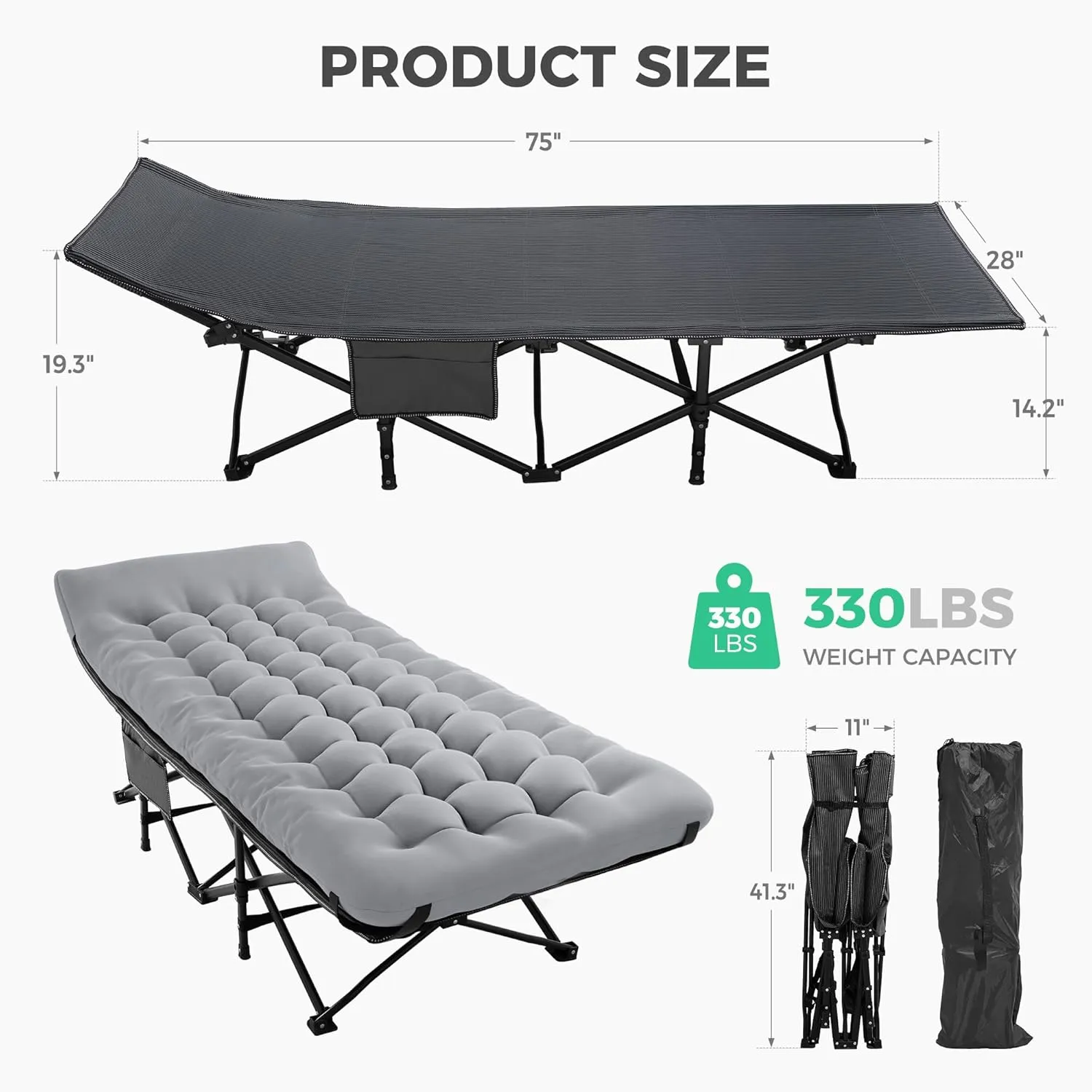 JEAREY 2-Piece Folding Camping Cot, Heavy Duty Camping Cots for Adults with Mattress, Camping Bed with Carry Bag for for Guest,Travel,Hiking,Light Gray