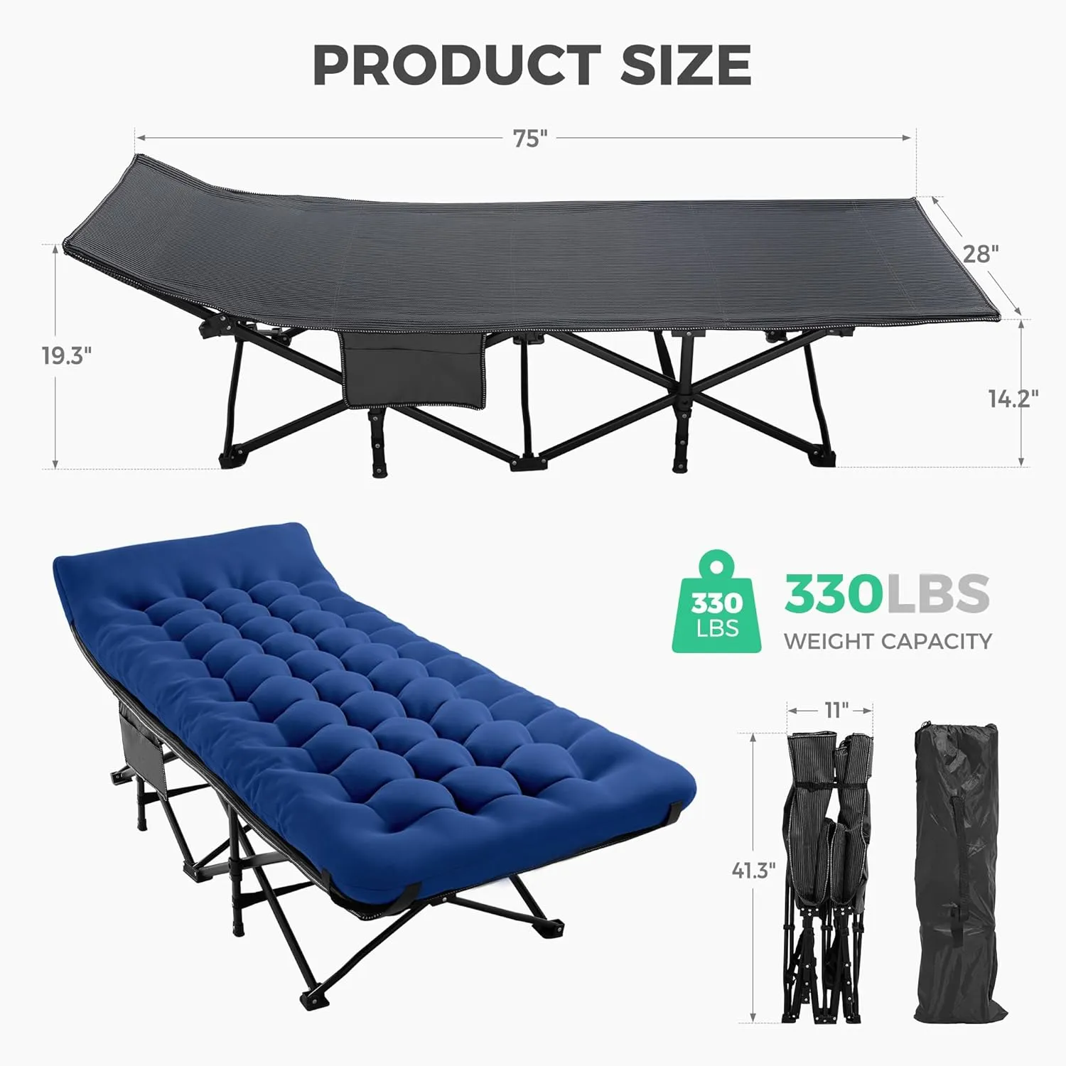 JEAREY Folding Camping Cot,Camping Cots for Adults with Mattress, Camping Portable Bed with Carry Bag for for Guest,Travel,Hiking,Navy