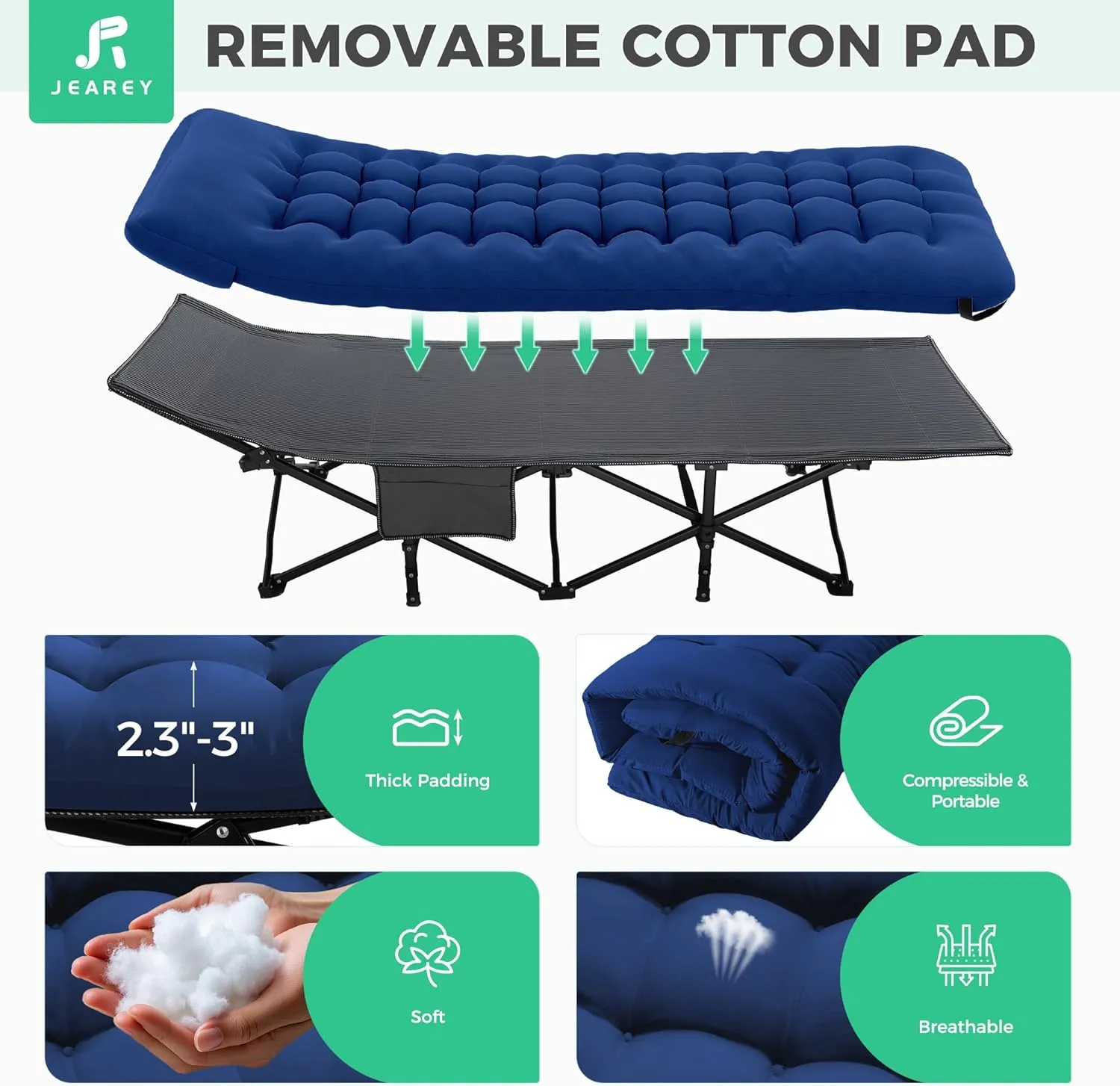 JEAREY Folding Camping Cot,Camping Cots for Adults with Mattress, Camping Portable Bed with Carry Bag for for Guest,Travel,Hiking,Navy