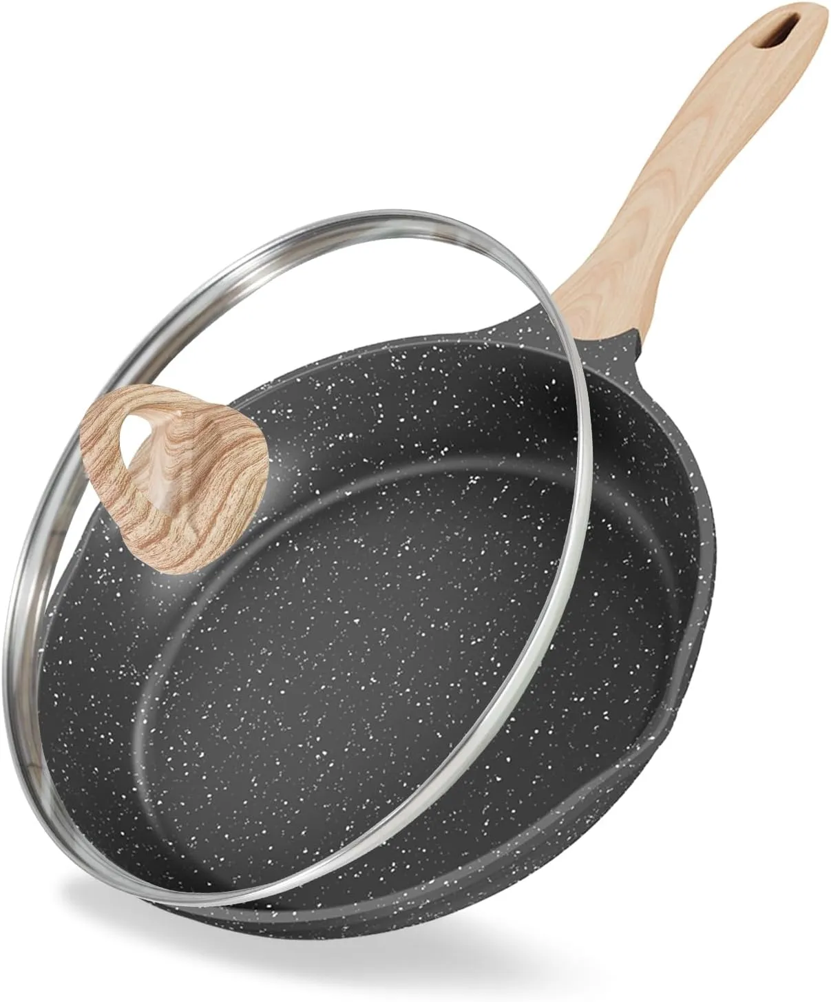 JEETEE Nonstick Frying Pans Skillet with Lid, 8" Granite Non-Stick Frying pan, Aluminum Pans with Bakelite Handle, Compatible with All Stovetops (Gas, Electric & Induction), Grey