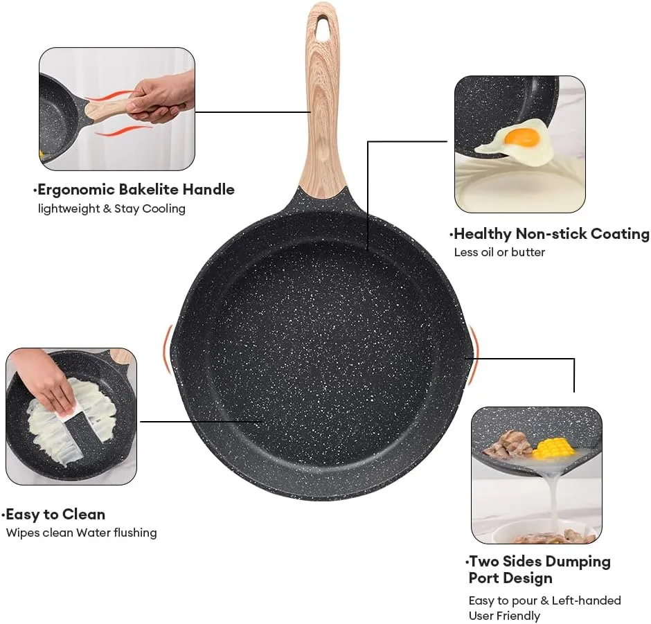 JEETEE Nonstick Frying Pans Skillet with Lid, 8" Granite Non-Stick Frying pan, Aluminum Pans with Bakelite Handle, Compatible with All Stovetops (Gas, Electric & Induction), Grey