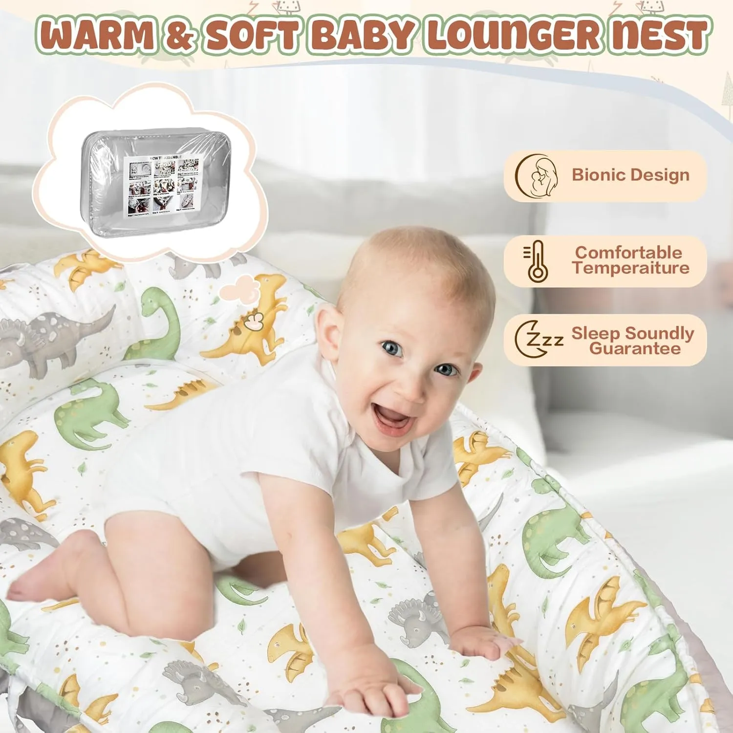JIFTOK Baby Nests Lounger for Newborn, Snuggle Sleeping Bassinet for 0-24M, Breathable Portable Co Sleeping Bed, Baby Essentials Adjustable Infant Soft Cotton Loungers for Home & Travel -Dinosaurs