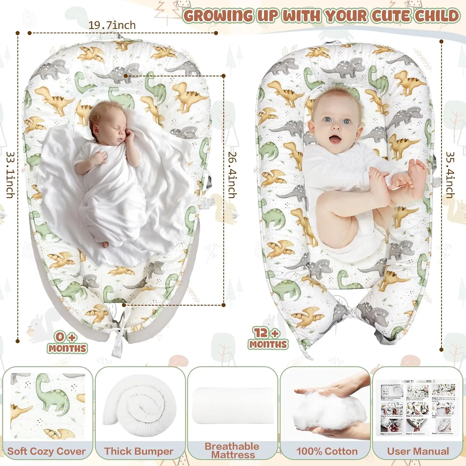 JIFTOK Baby Nests Lounger for Newborn, Snuggle Sleeping Bassinet for 0-24M, Breathable Portable Co Sleeping Bed, Baby Essentials Adjustable Infant Soft Cotton Loungers for Home & Travel -Dinosaurs