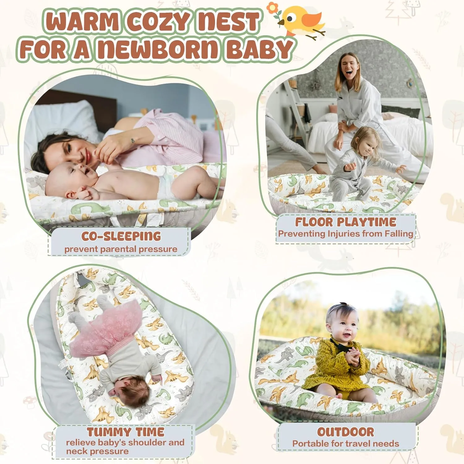 JIFTOK Baby Nests Lounger for Newborn, Snuggle Sleeping Bassinet for 0-24M, Breathable Portable Co Sleeping Bed, Baby Essentials Adjustable Infant Soft Cotton Loungers for Home & Travel -Dinosaurs