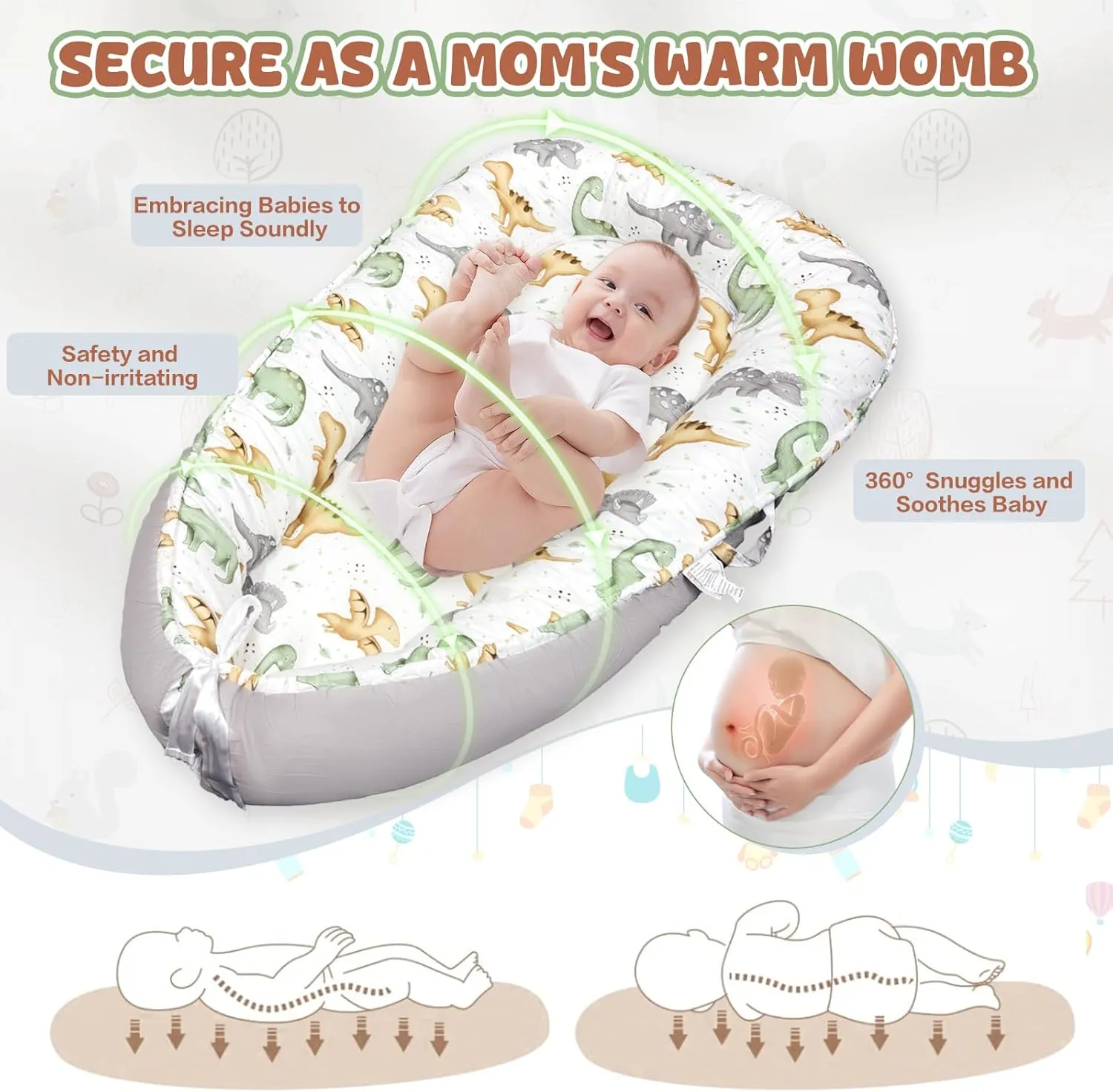 JIFTOK Baby Nests Lounger for Newborn, Snuggle Sleeping Bassinet for 0-24M, Breathable Portable Co Sleeping Bed, Baby Essentials Adjustable Infant Soft Cotton Loungers for Home & Travel -Dinosaurs