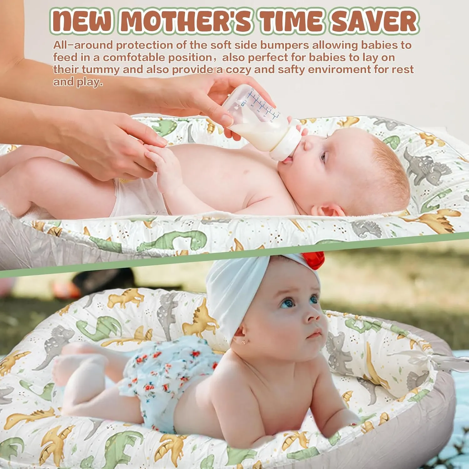 JIFTOK Baby Nests Lounger for Newborn, Snuggle Sleeping Bassinet for 0-24M, Breathable Portable Co Sleeping Bed, Baby Essentials Adjustable Infant Soft Cotton Loungers for Home & Travel -Dinosaurs