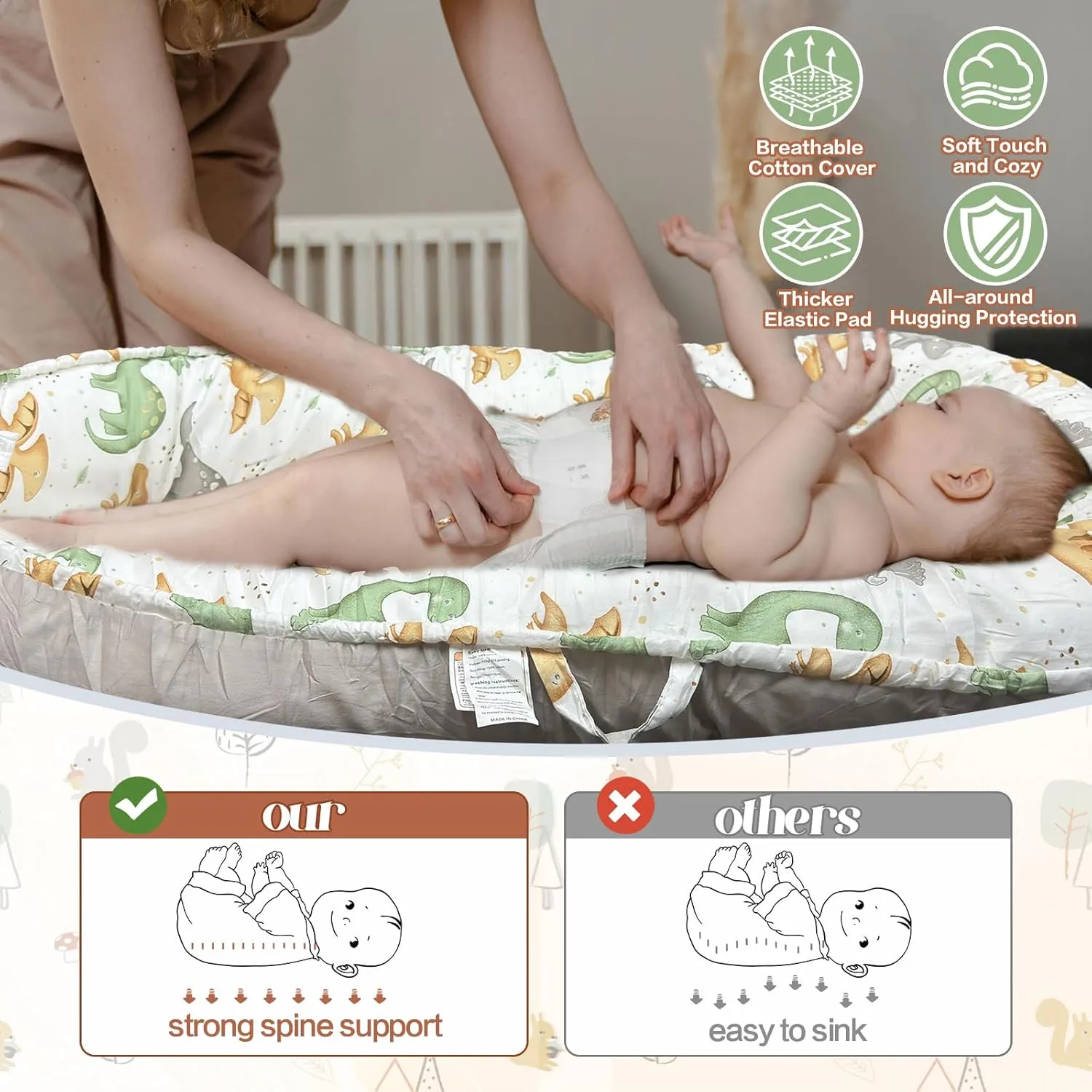 JIFTOK Baby Nests Lounger for Newborn, Snuggle Sleeping Bassinet for 0-24M, Breathable Portable Co Sleeping Bed, Baby Essentials Adjustable Infant Soft Cotton Loungers for Home & Travel -Dinosaurs