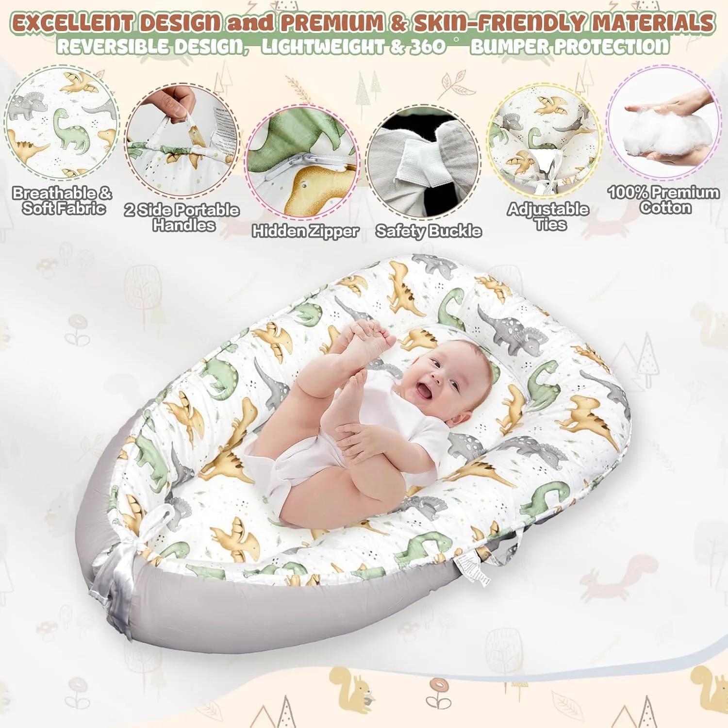 JIFTOK Baby Nests Lounger for Newborn, Snuggle Sleeping Bassinet for 0-24M, Breathable Portable Co Sleeping Bed, Baby Essentials Adjustable Infant Soft Cotton Loungers for Home & Travel -Dinosaurs