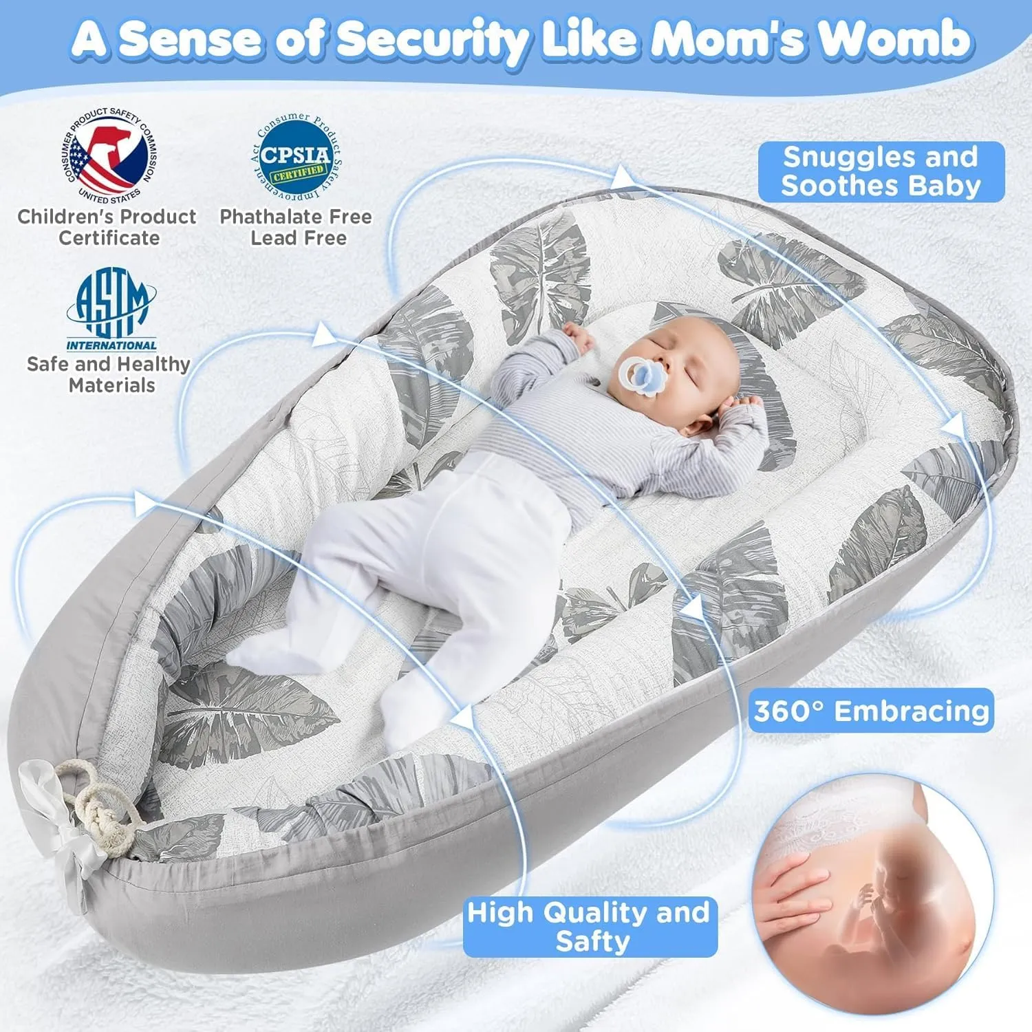 JIFTOK Baby Nests Lounger for Newborn, Snuggle Sleeping Bassinet for 0-24M, Breathable Portable Co Sleeping Bed, Baby Essentials Adjustable Infant Soft Cotton Loungers for Home & Travel -Leaves