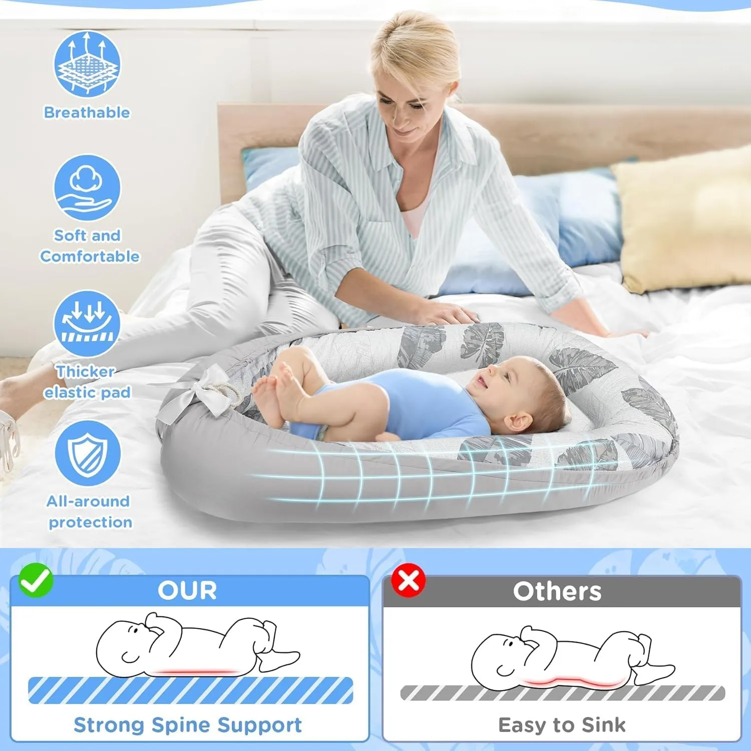 JIFTOK Baby Nests Lounger for Newborn, Snuggle Sleeping Bassinet for 0-24M, Breathable Portable Co Sleeping Bed, Baby Essentials Adjustable Infant Soft Cotton Loungers for Home & Travel -Leaves
