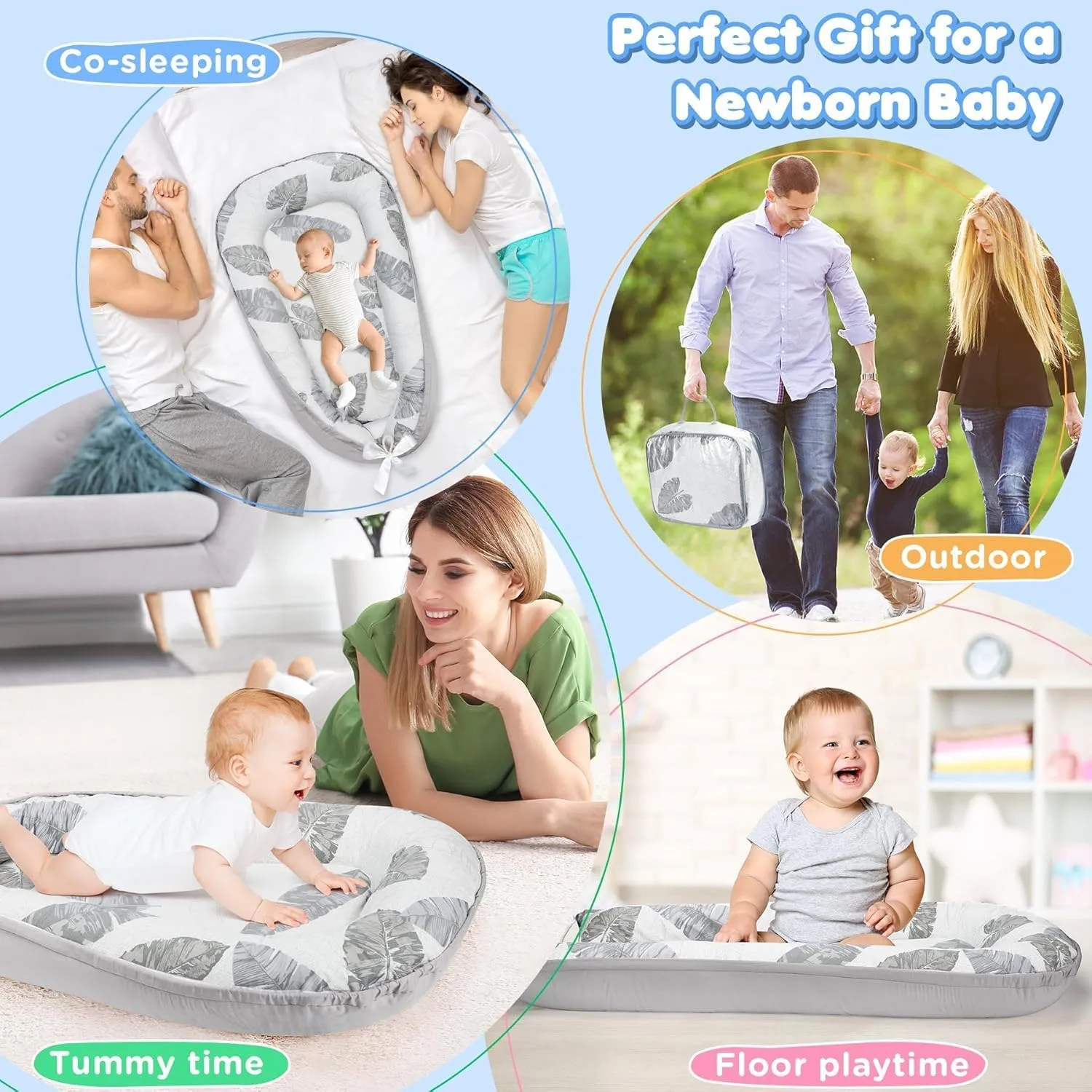JIFTOK Baby Nests Lounger for Newborn, Snuggle Sleeping Bassinet for 0-24M, Breathable Portable Co Sleeping Bed, Baby Essentials Adjustable Infant Soft Cotton Loungers for Home & Travel -Leaves