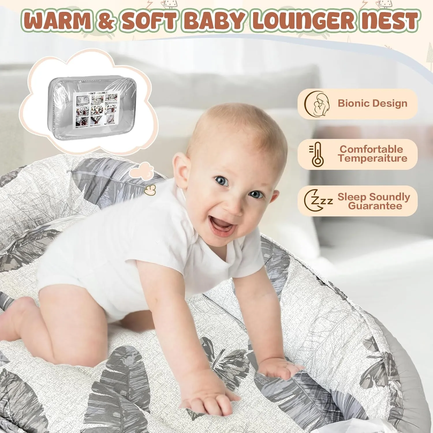 JIFTOK Baby Nests Lounger for Newborn, Snuggle Sleeping Bassinet for 0-24M, Breathable Portable Co Sleeping Bed, Baby Essentials Adjustable Infant Soft Cotton Loungers for Home & Travel -Leaves
