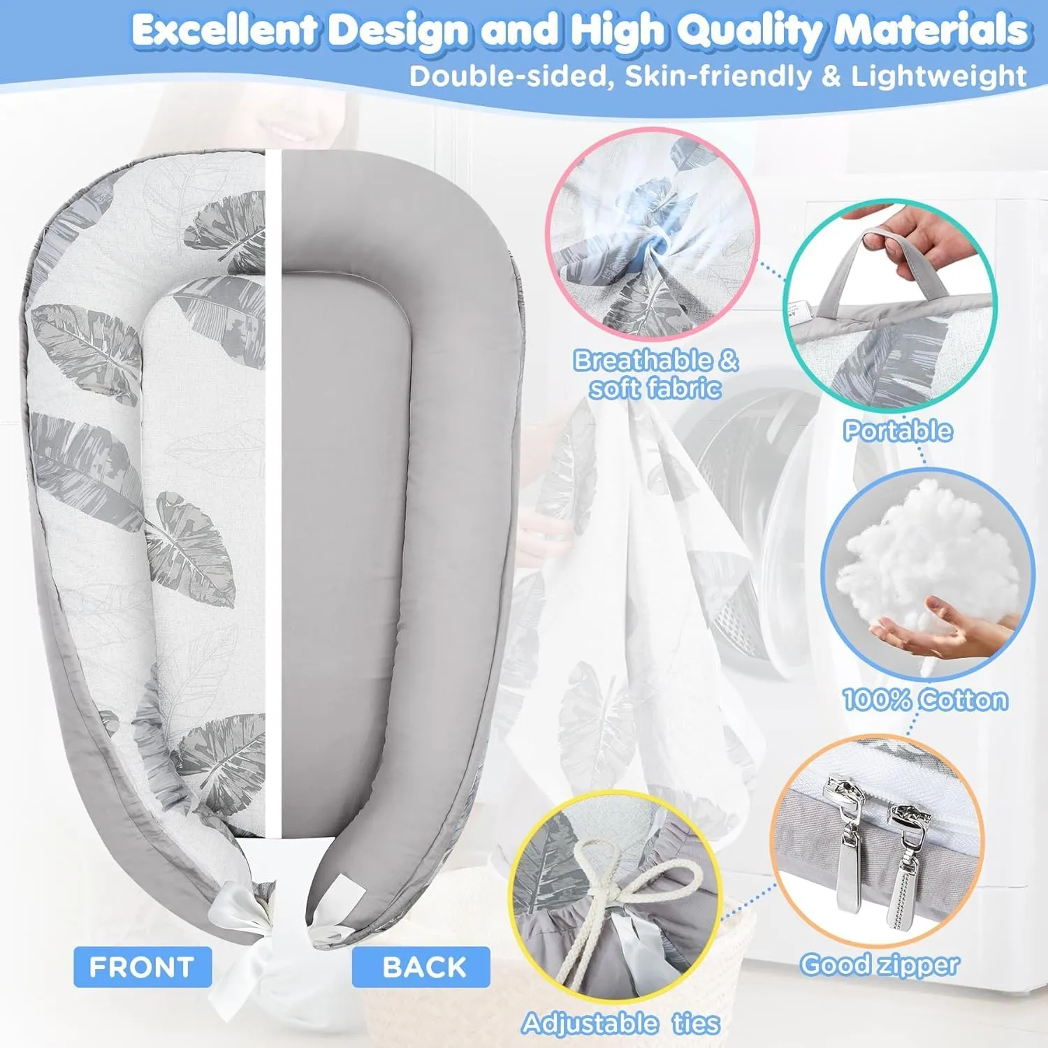 JIFTOK Baby Nests Lounger for Newborn, Snuggle Sleeping Bassinet for 0-24M, Breathable Portable Co Sleeping Bed, Baby Essentials Adjustable Infant Soft Cotton Loungers for Home & Travel -Leaves
