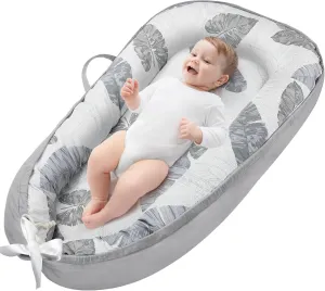 JIFTOK Baby Nests Lounger for Newborn, Snuggle Sleeping Bassinet for 0-24M, Breathable Portable Co Sleeping Bed, Baby Essentials Adjustable Infant Soft Cotton Loungers for Home & Travel -Leaves
