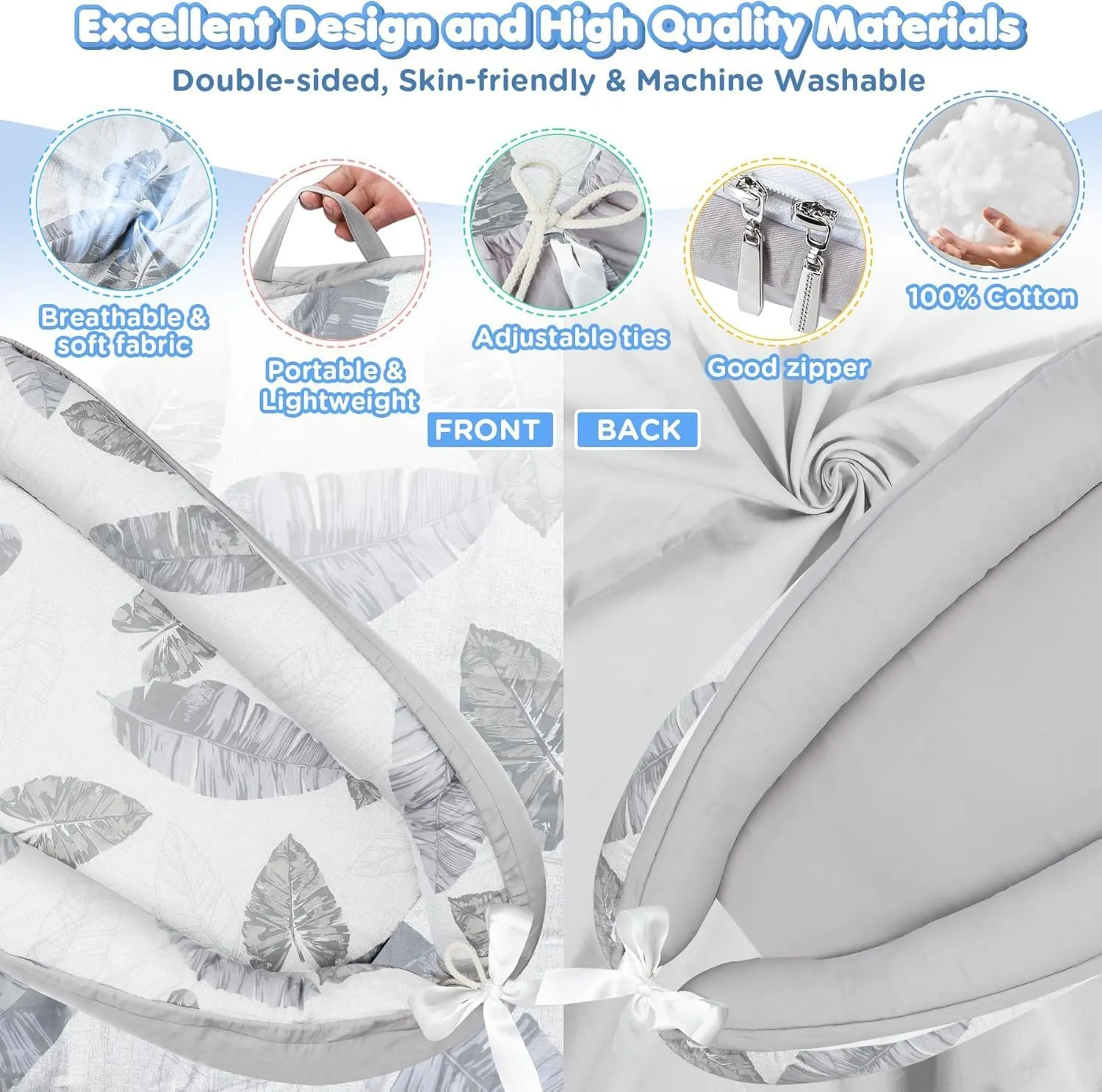 JIFTOK Baby Nests Lounger for Newborn, Snuggle Sleeping Bassinet for 0-24M, Breathable Portable Co Sleeping Bed, Baby Essentials Adjustable Infant Soft Cotton Loungers for Home & Travel -Leaves