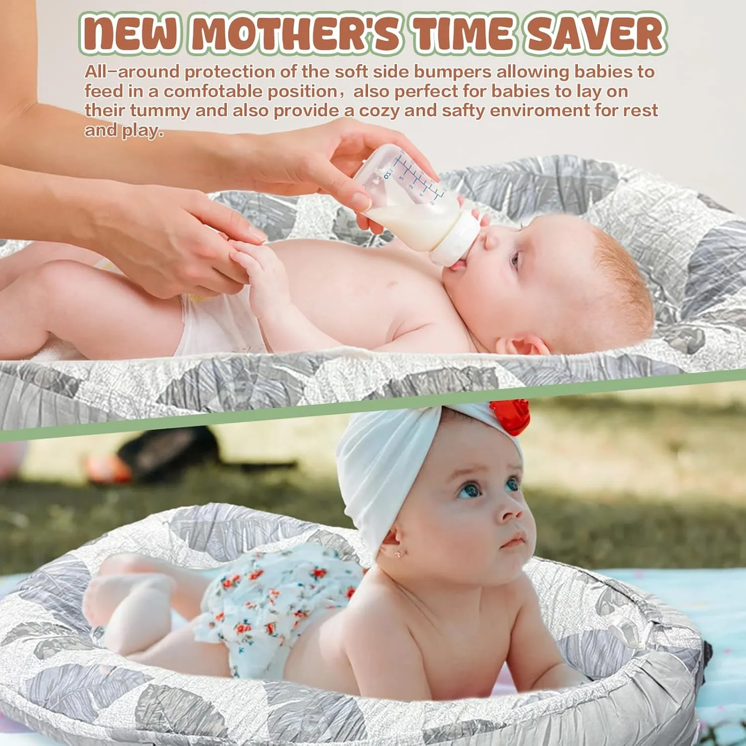 JIFTOK Baby Nests Lounger for Newborn, Snuggle Sleeping Bassinet for 0-24M, Breathable Portable Co Sleeping Bed, Baby Essentials Adjustable Infant Soft Cotton Loungers for Home & Travel -Leaves