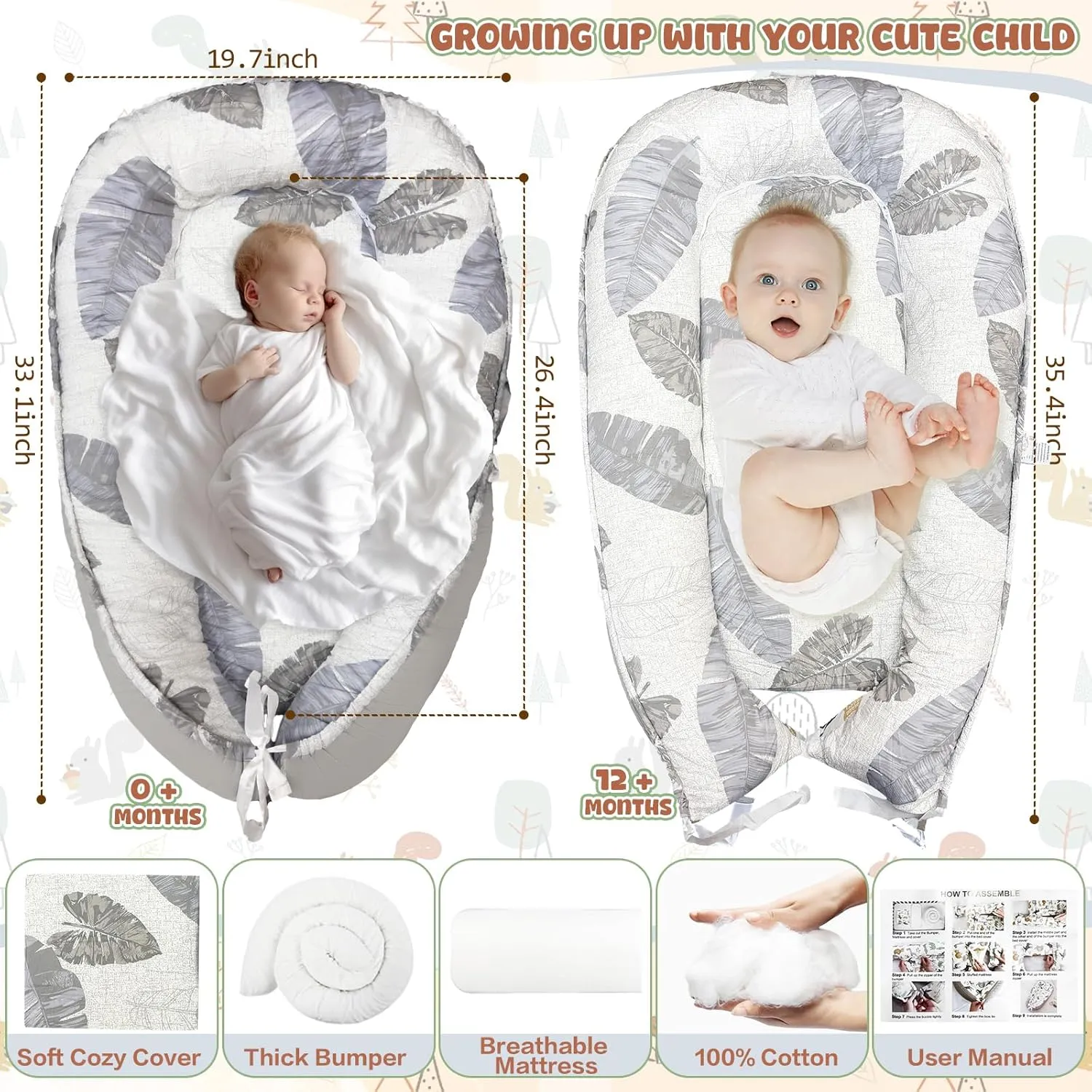 JIFTOK Baby Nests Lounger for Newborn, Snuggle Sleeping Bassinet for 0-24M, Breathable Portable Co Sleeping Bed, Baby Essentials Adjustable Infant Soft Cotton Loungers for Home & Travel -Leaves