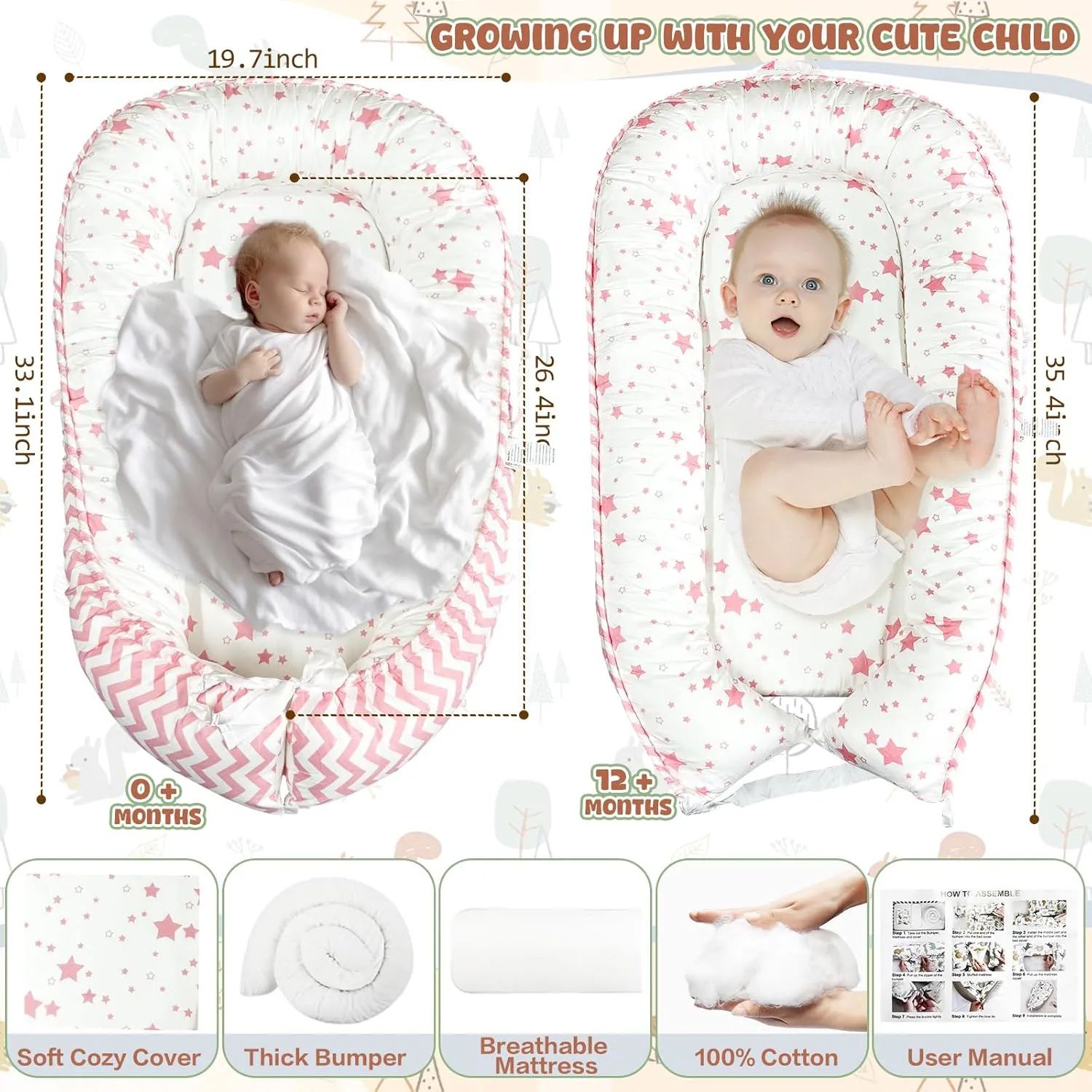 JIFTOK Baby Nests Lounger for Newborn, Snuggle Sleeping Bassinet for 0-24M, Breathable Portable Co Sleeping Bed, Baby Essentials Adjustable Infant Soft Cotton Loungers for Home & Travel -Pink Star