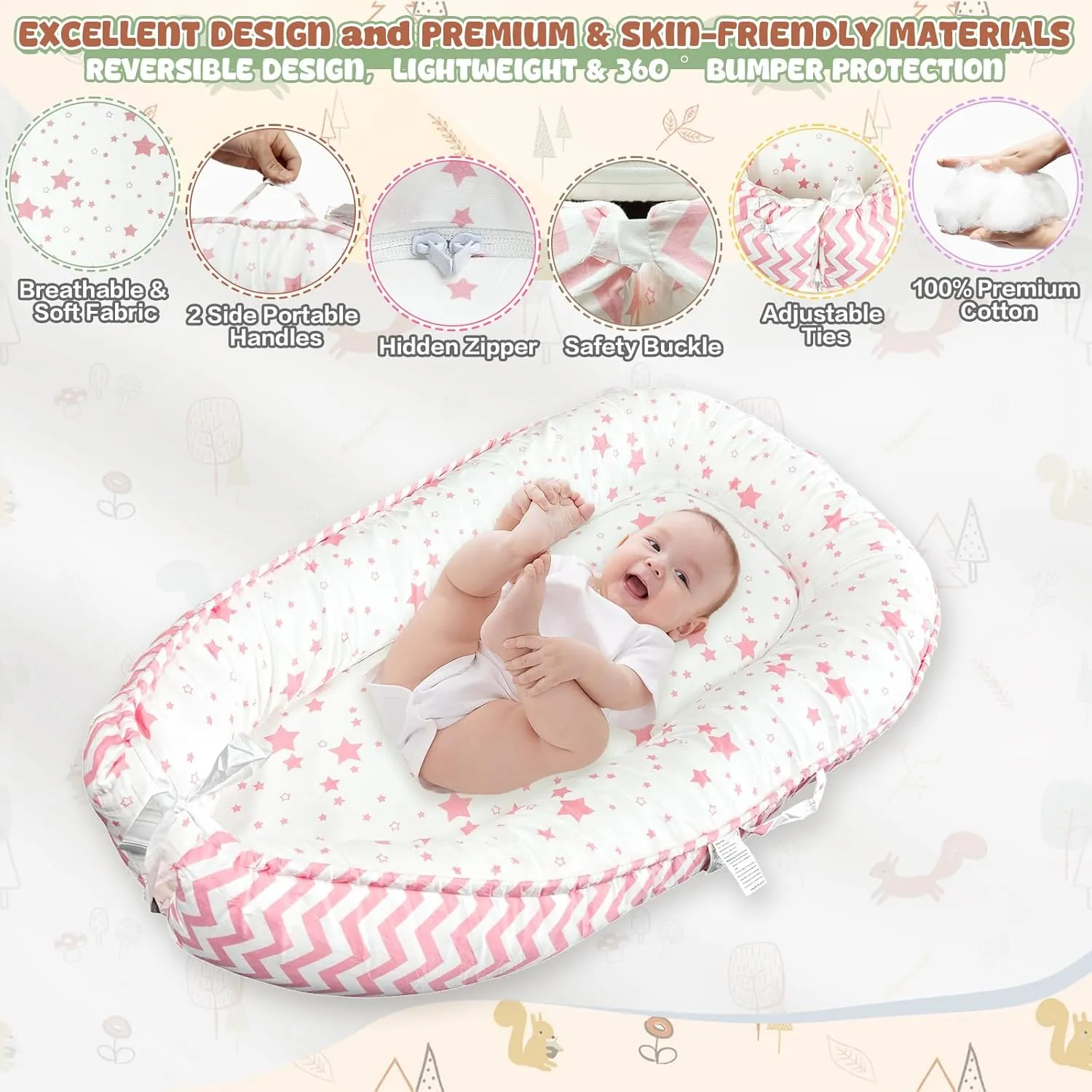 JIFTOK Baby Nests Lounger for Newborn, Snuggle Sleeping Bassinet for 0-24M, Breathable Portable Co Sleeping Bed, Baby Essentials Adjustable Infant Soft Cotton Loungers for Home & Travel -Pink Star