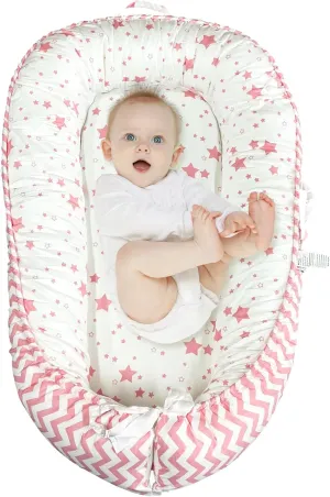 JIFTOK Baby Nests Lounger for Newborn, Snuggle Sleeping Bassinet for 0-24M, Breathable Portable Co Sleeping Bed, Baby Essentials Adjustable Infant Soft Cotton Loungers for Home & Travel -Pink Star