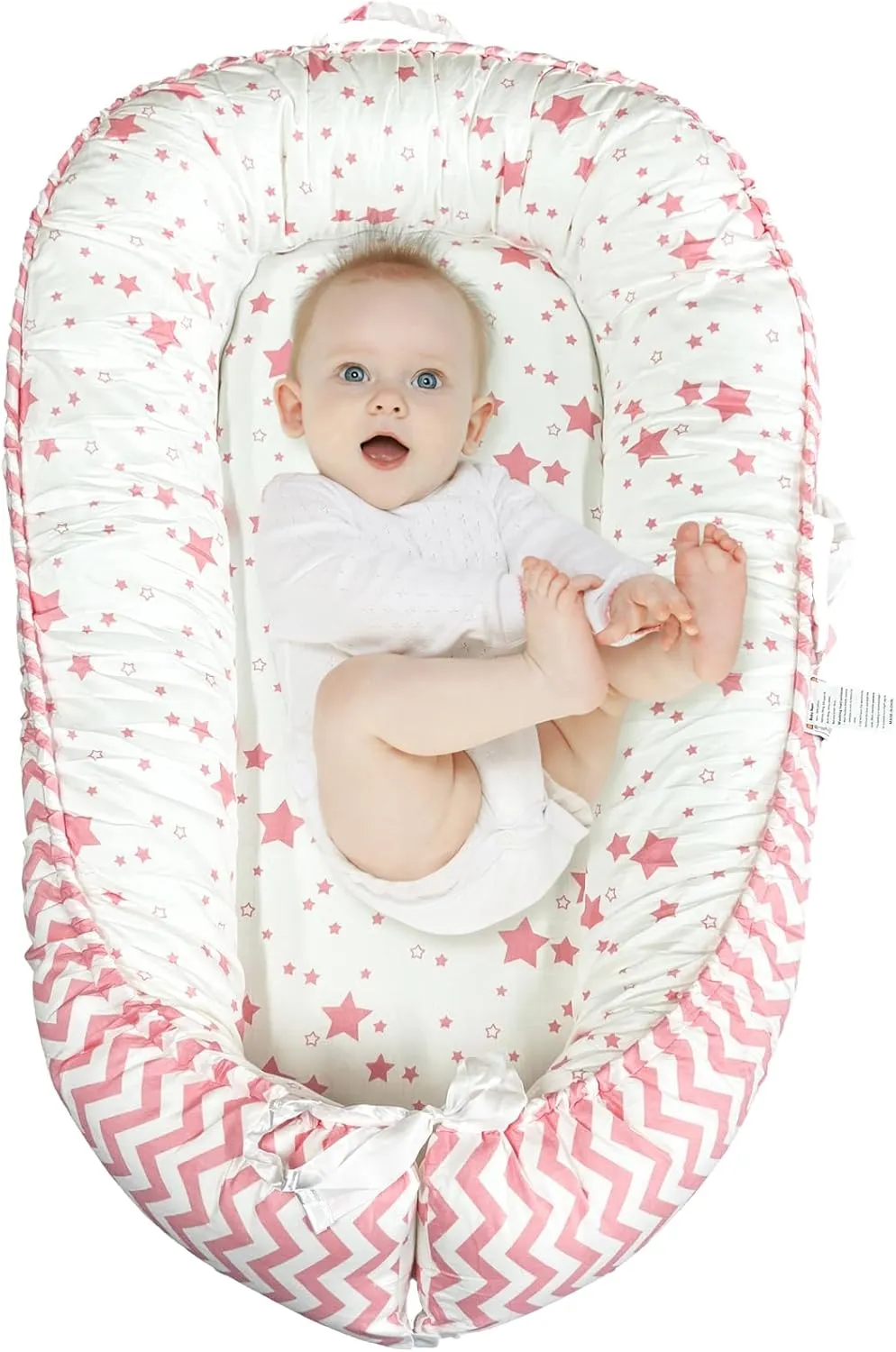 JIFTOK Baby Nests Lounger for Newborn, Snuggle Sleeping Bassinet for 0-24M, Breathable Portable Co Sleeping Bed, Baby Essentials Adjustable Infant Soft Cotton Loungers for Home & Travel -Pink Star