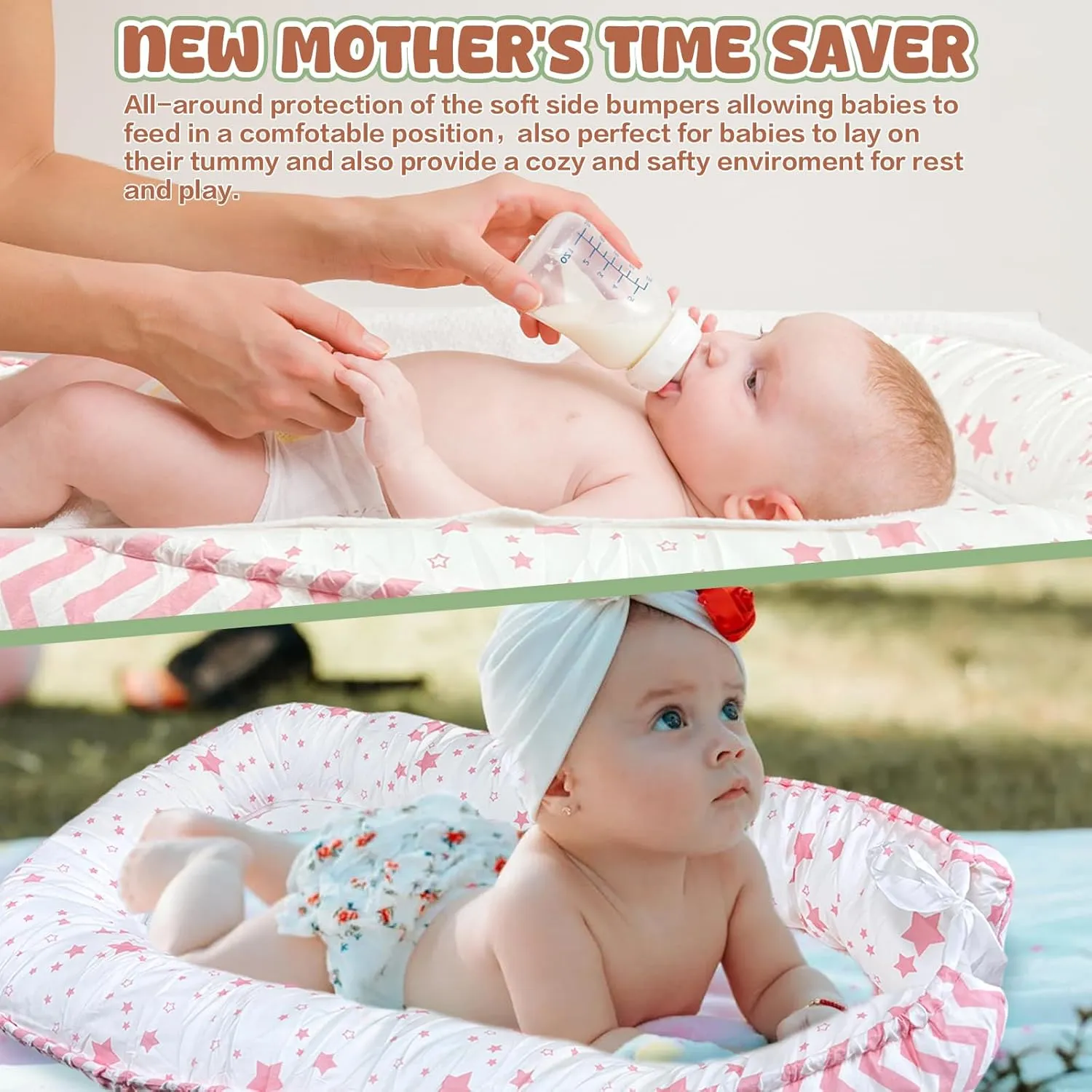 JIFTOK Baby Nests Lounger for Newborn, Snuggle Sleeping Bassinet for 0-24M, Breathable Portable Co Sleeping Bed, Baby Essentials Adjustable Infant Soft Cotton Loungers for Home & Travel -Pink Star