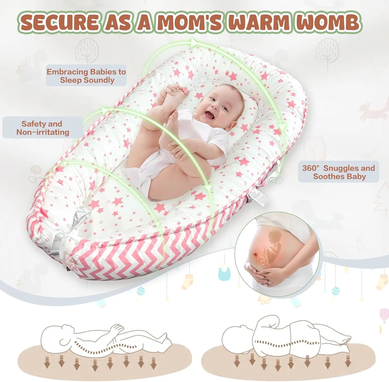 JIFTOK Baby Nests Lounger for Newborn, Snuggle Sleeping Bassinet for 0-24M, Breathable Portable Co Sleeping Bed, Baby Essentials Adjustable Infant Soft Cotton Loungers for Home & Travel -Pink Star