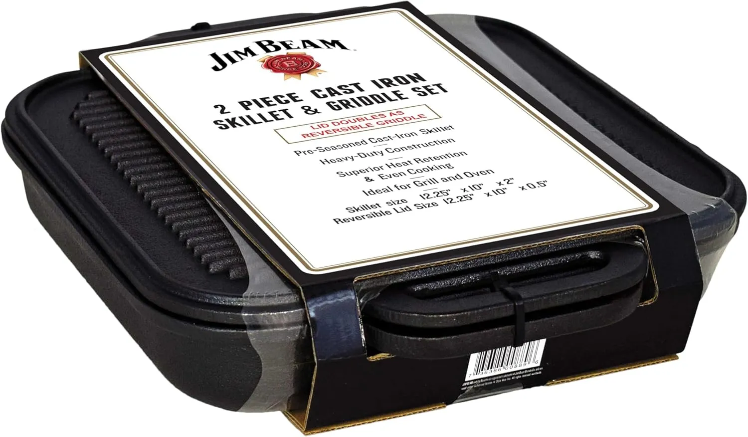 Jim Beam 3-in-1 Cast Iron Skillet with Double Sided Griddle, 3, Black