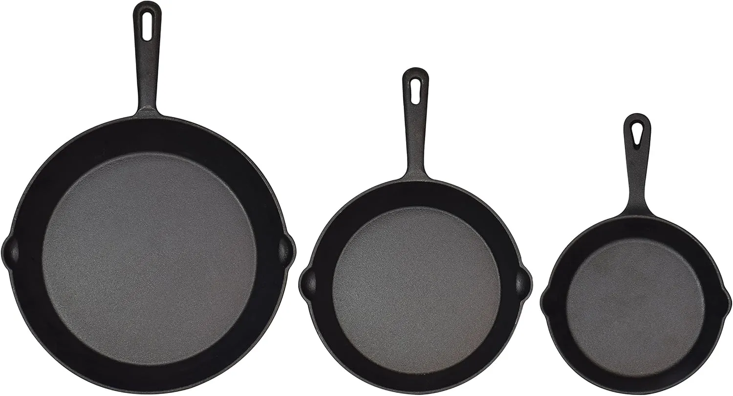 Jim Beam Set of 3 Pre Seasoned Cast Iron Skillets with Even Distribution and Heat Retention-6" 8" 10", Large, Black