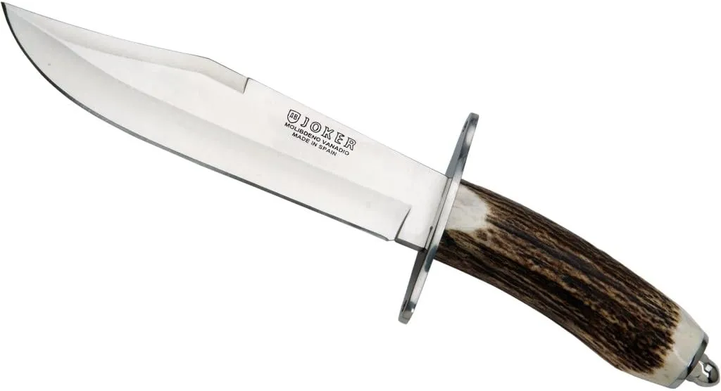 Joker knife CC100 with deer horn handle, MOVA Steel 7.87 inches blade, brown leather sheath, tool for fishing, hunting, camping and hiking