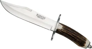 Joker knife CC100 with deer horn handle, MOVA Steel 7.87 inches blade, brown leather sheath, tool for fishing, hunting, camping and hiking
