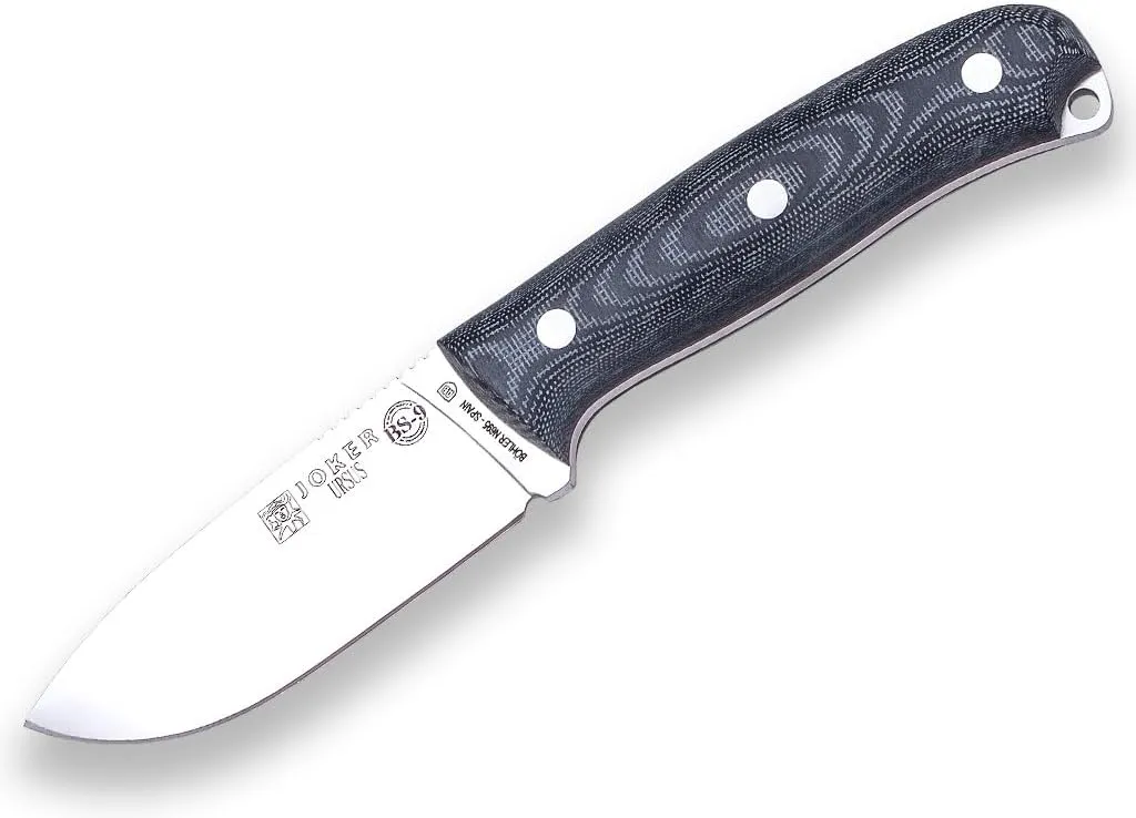 Joker Ursus CM116-P Sports Survival Knife, Canvas Micarta Handle and 3.94 inches Blade of Böhler N695, with Leather Sheath, Tool for Fishing, Hunting, Camping and Hiking (Black Micarta Canvas, Leather Sheath with FireStarter)
