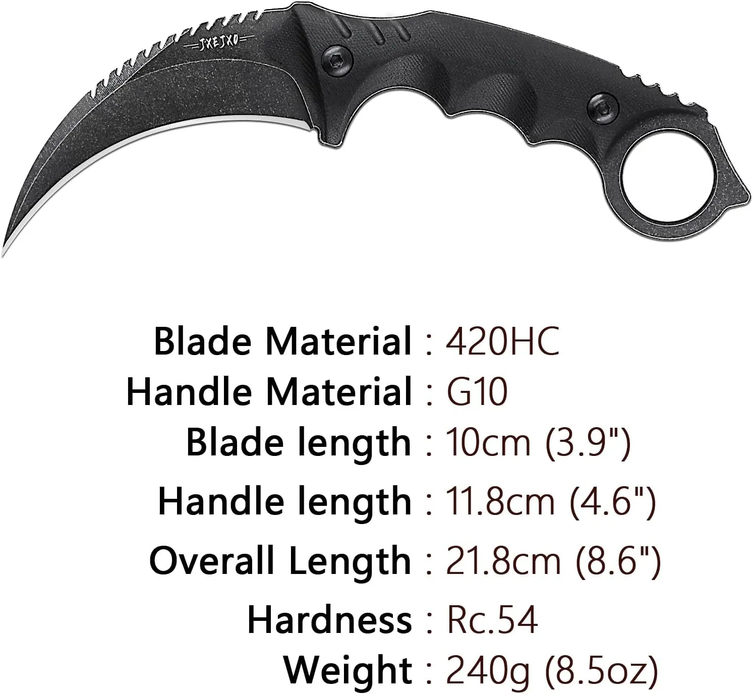 JXE JXO Claw Knife - Full Tang 420HC Steel Blade, Non-Slip G10 Handle (8.6" Length with Sheath)