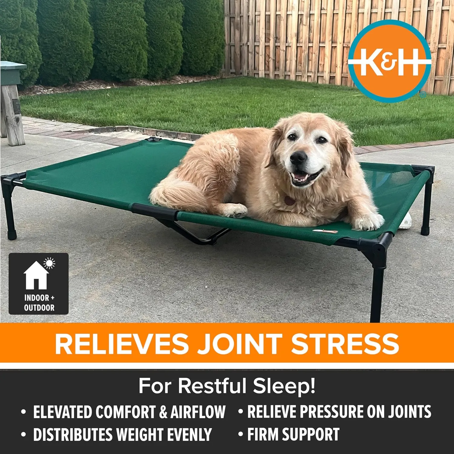 K&H Pet Products Cooling Elevated Dog Bed, Outdoor Raised Cot with Waterproof Breathable Mesh for Large Dogs, Portable Place Bed with Heavy-Duty Metal Frame, Big Hammock Style - Large Green