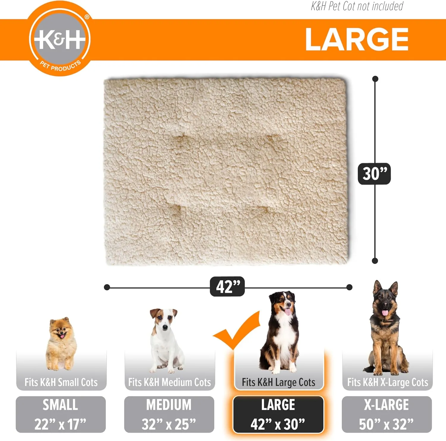 K&H Pet Products Dog Cot Pad (Cot Sold Separately), Pillow-Top Comfort Bed for K&H Large Elevated Dog Beds, Soft & Fluffy, Secure Fit Straps, Machine Washable, Portable - Large 42 X 30in Tan Fleece