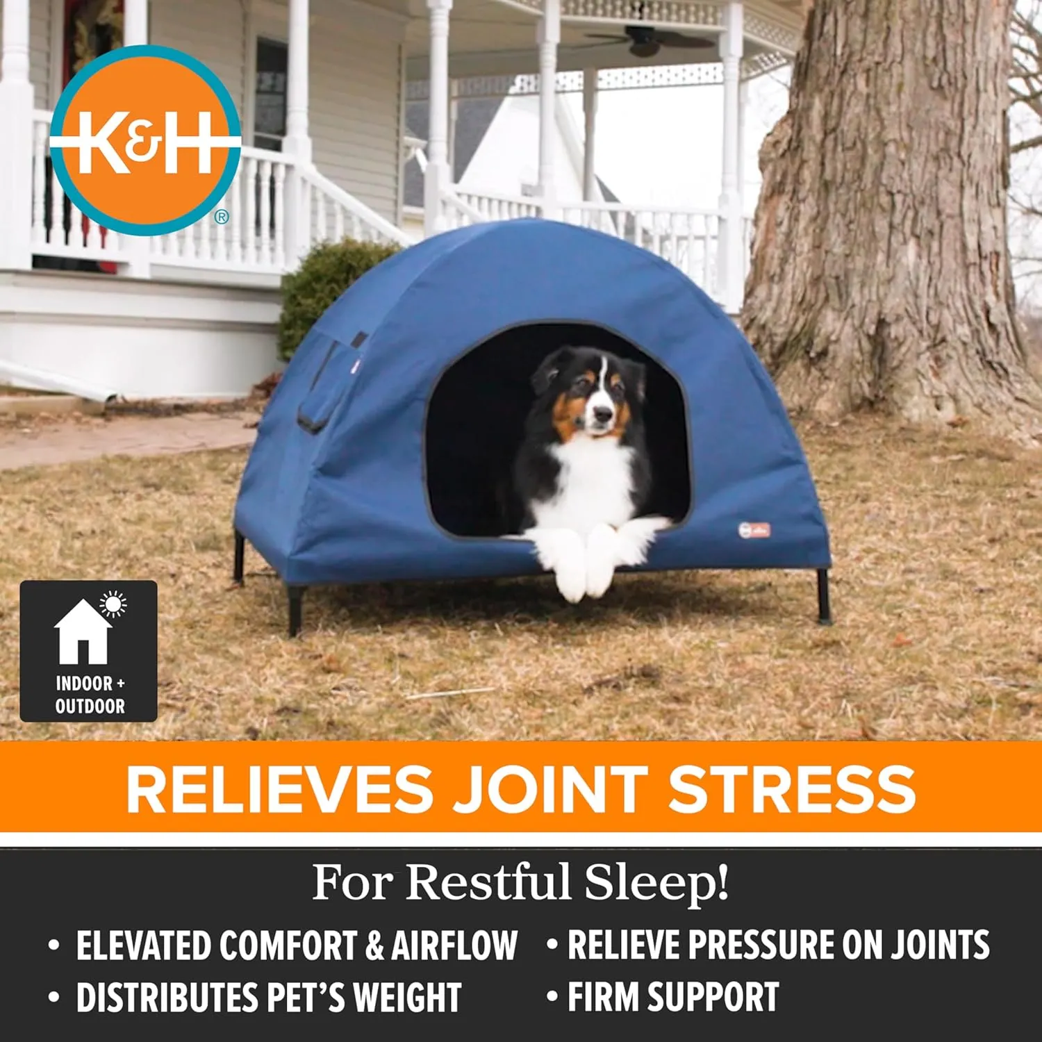 K&H Pet Products Pet Cot House for Large Dogs, Outdoor Elevated Dog Cot House, Enclosed Canopy, Window Flaps for Air Flow, Washable Cover, Raised Metal Frame, Collapsible - Large 42 X 30in Blue
