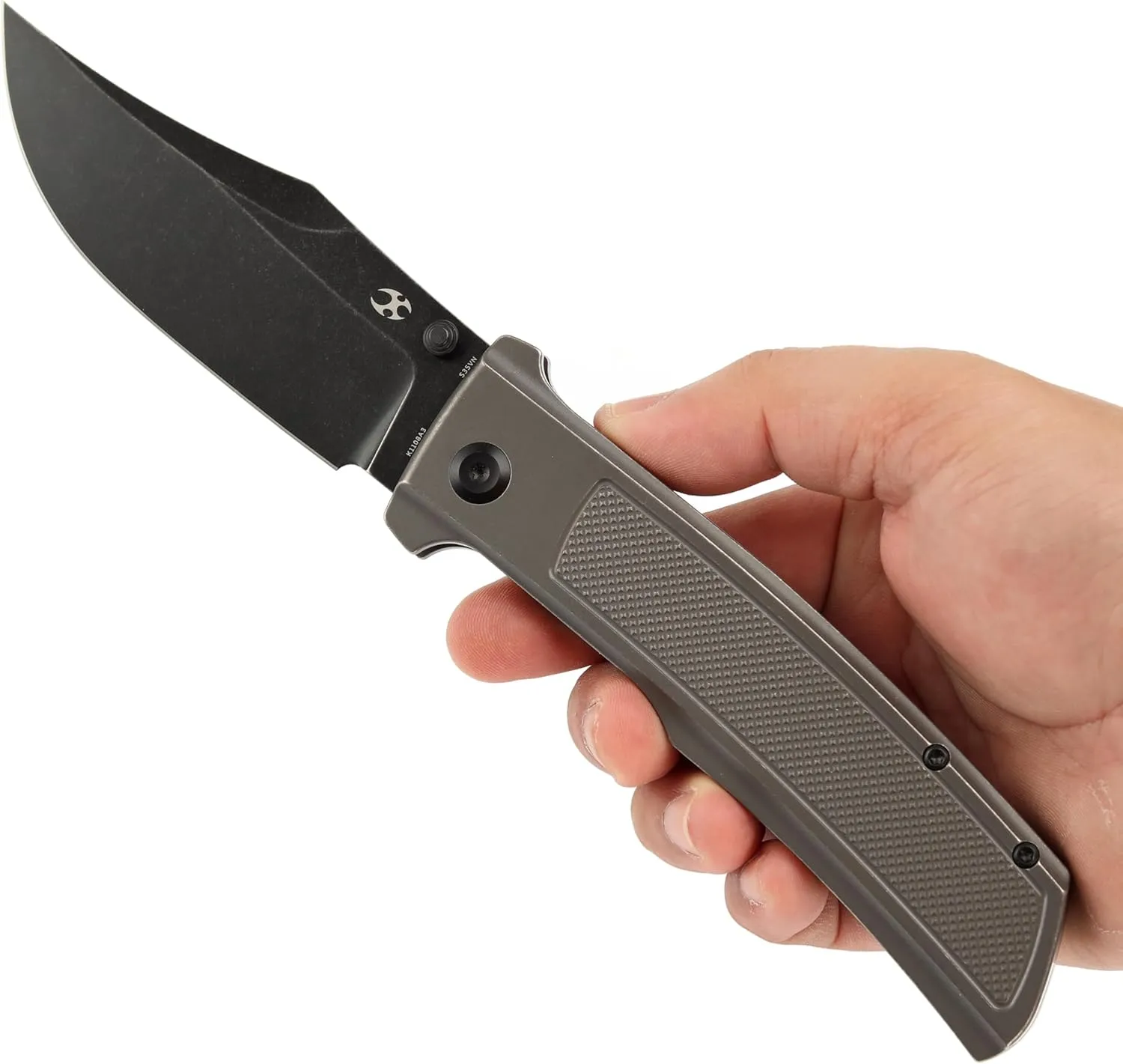 KANSEPT Bison Pocket Folding Knife, 4.25'' Blackwash CPM S35VN Steel Sharp Blade, Grey Anodized Titanium with Frag Pattern Handle, Frame Lock and Thumb Stud for Edc, Camping Hiking Knives K1108A3