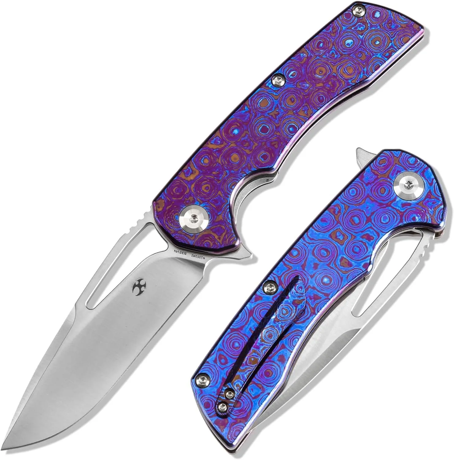 KANSEPT Kryo Pocket Knife 8.08in Folding Knives with 3.58in Satin CPM S35VN Drop Point Blade and Timascus Handle for Outdoor, Tactical, Hinking EDC K1001M2