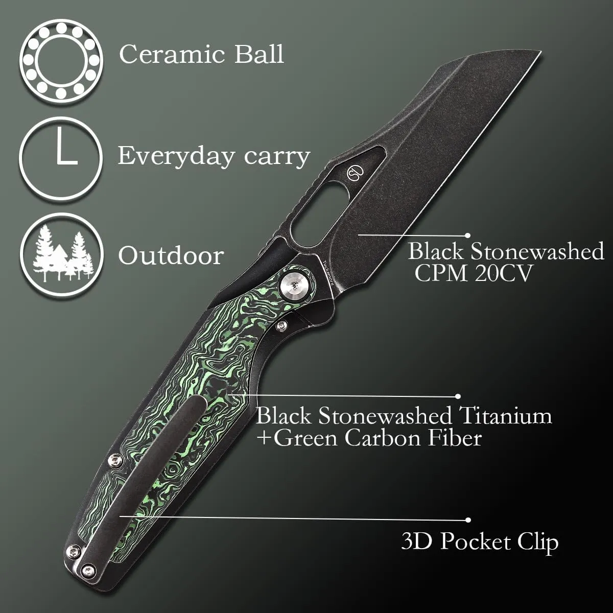 KANSEPT Tuckamore Camping Pocket Knives for Men 8.12in Folding Knives with 3.54in Stonewashed CPM 20CV Material and Titanium Green Carbon Fiber Handle for Outdoor, Tactical, Survival K1052A3