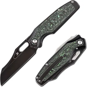 KANSEPT Tuckamore Camping Pocket Knives for Men 8.12in Folding Knives with 3.54in Stonewashed CPM 20CV Material and Titanium Green Carbon Fiber Handle for Outdoor, Tactical, Survival K1052A3