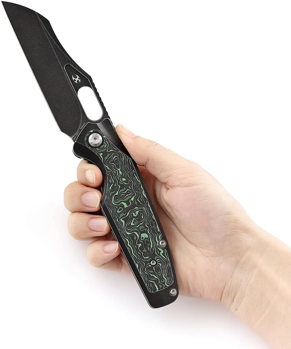 KANSEPT Tuckamore Camping Pocket Knives for Men 8.12in Folding Knives with 3.54in Stonewashed CPM 20CV Material and Titanium Green Carbon Fiber Handle for Outdoor, Tactical, Survival K1052A3