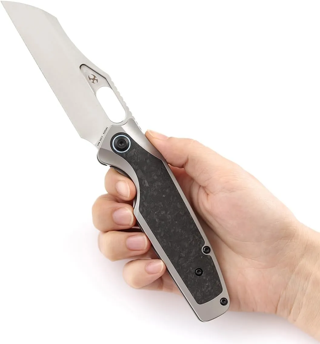 KANSEPT Tuckamore Camping Pocket Knives for Men 8.12in Folding Pocket Knives with 3.54in Satin CPM 20CV Material and Titanium Shred Carbon Fiber Handle for Outdoor, Tactical, Survival K1052A1