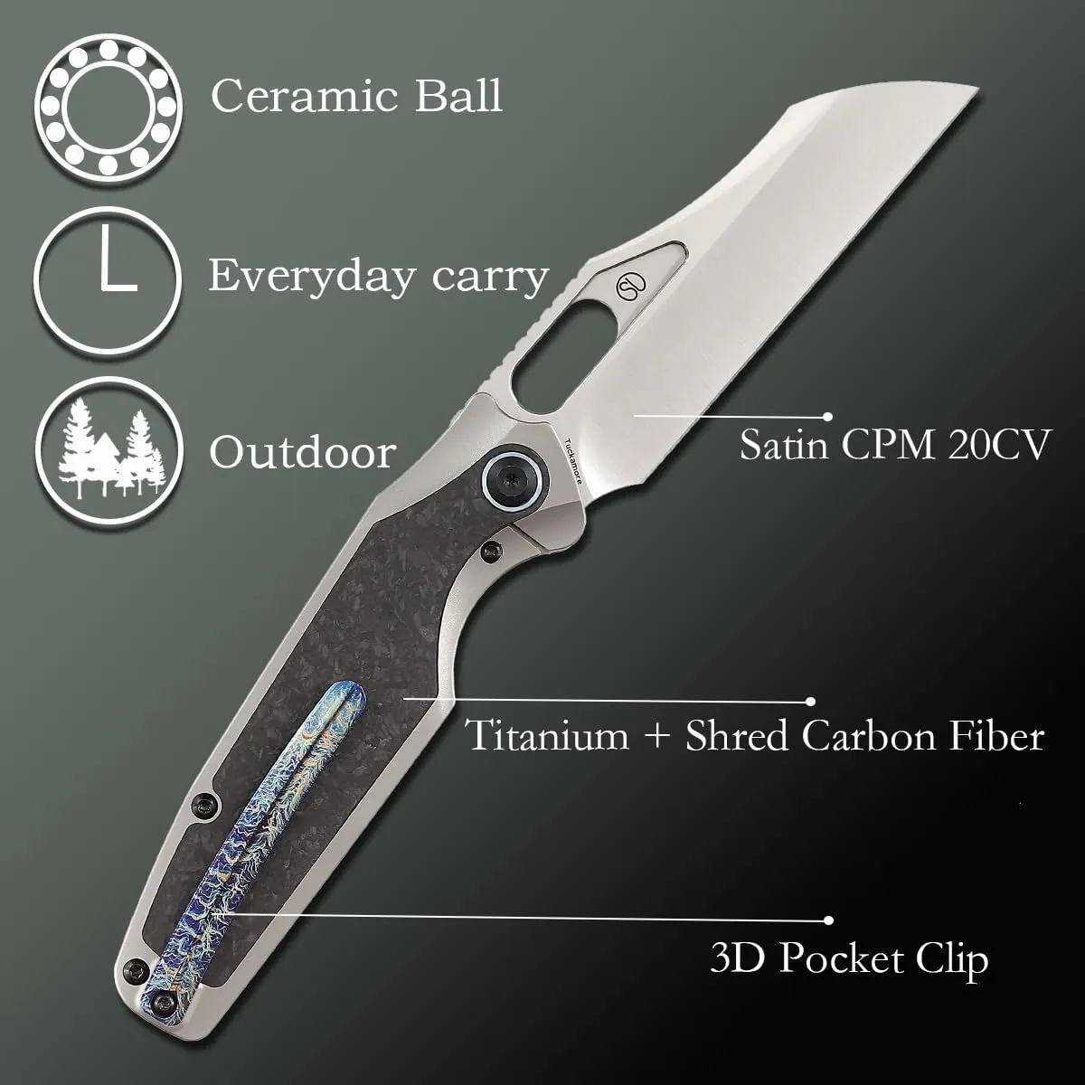 KANSEPT Tuckamore Camping Pocket Knives for Men 8.12in Folding Pocket Knives with 3.54in Satin CPM 20CV Material and Titanium Shred Carbon Fiber Handle for Outdoor, Tactical, Survival K1052A1