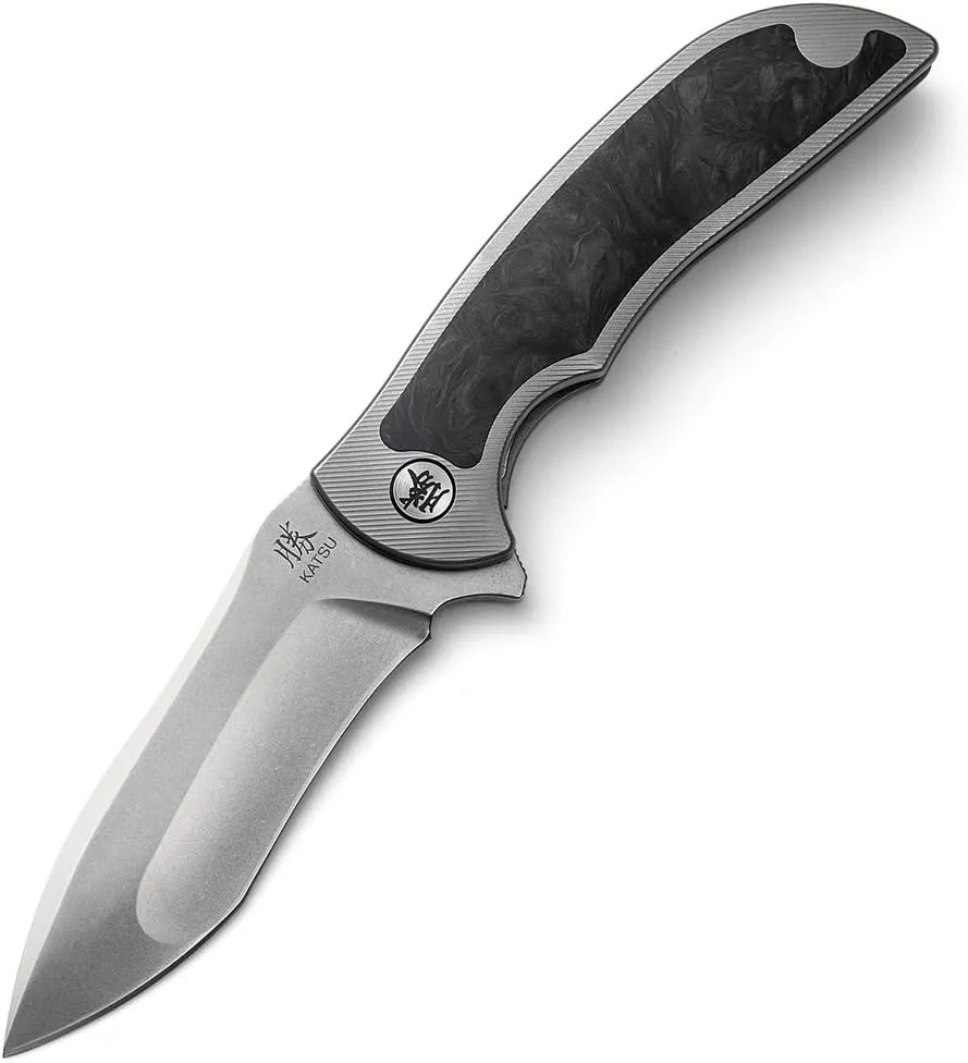 KATSU Folding Camping Japanese Knife, Titanium & Carbon Fiber Handle, Frame Lock, EDC Knife w/ S35VN Steel Stonewashed Multi-Ground Blade, Pocket Clip, Leather Sheath