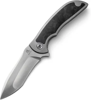 KATSU Folding Camping Japanese Knife, Titanium & Carbon Fiber Handle, Frame Lock, EDC Knife w/ S35VN Steel Stonewashed Multi-Ground Blade, Pocket Clip, Leather Sheath