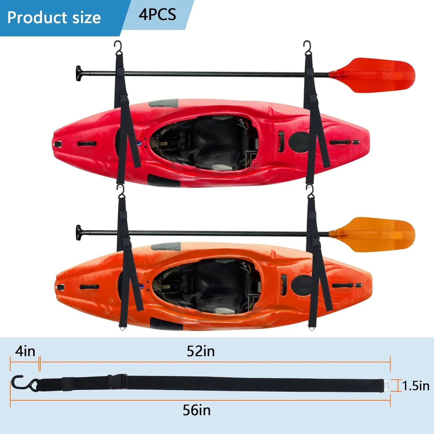 Kayak Storage from Wall or Ceiling Holds,Adjustable Double Kayak Storage Straps with Carabiner Paddle Clips,Kayak Storage Sling for Indoor and Outdoor Kayak & Surfboards, SUP or Canoe(1inch,1.5inch)