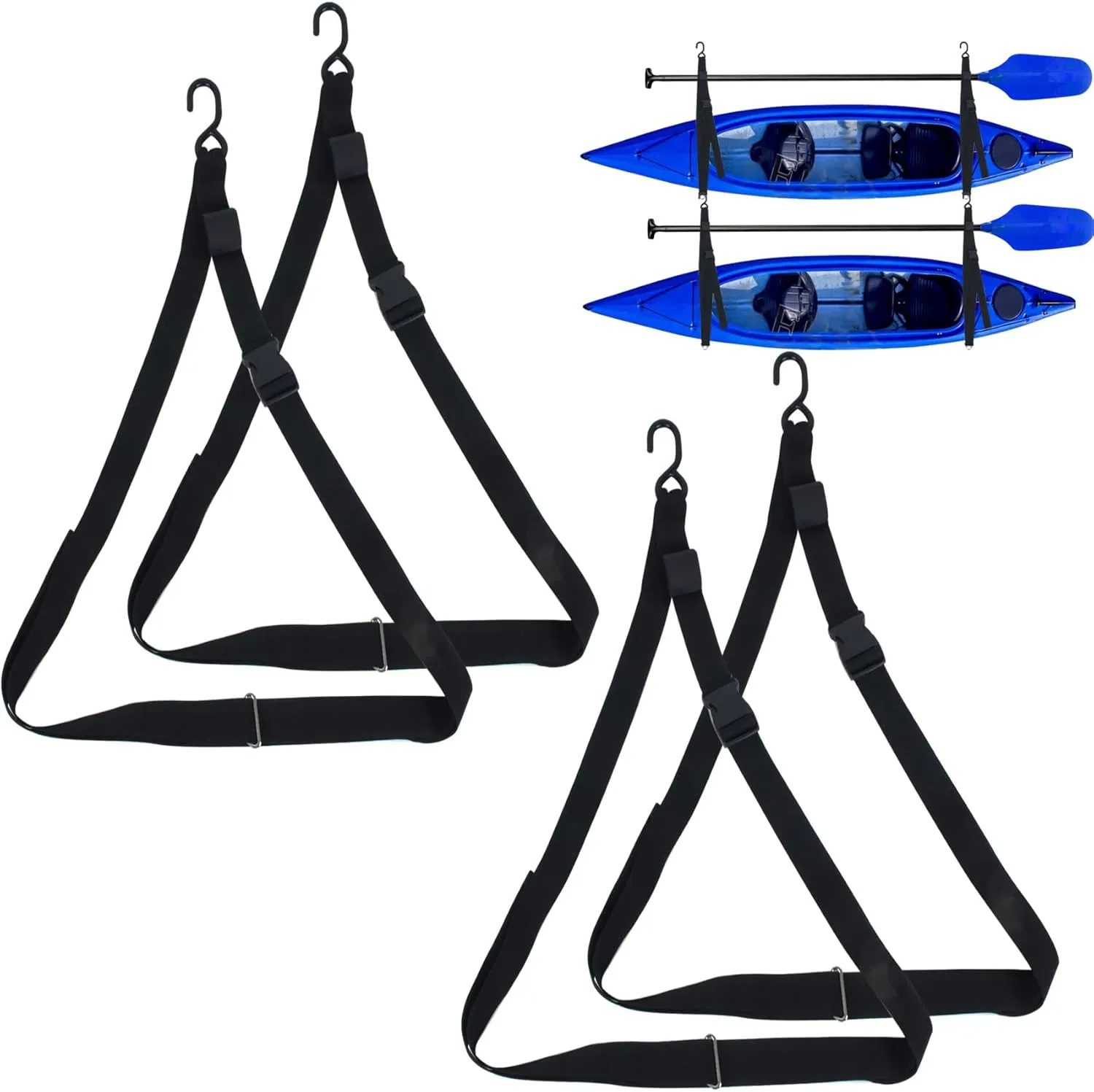 Kayak Storage from Wall or Ceiling Holds,Adjustable Double Kayak Storage Straps with Carabiner Paddle Clips,Kayak Storage Sling for Indoor and Outdoor Kayak & Surfboards, SUP or Canoe(1inch,1.5inch)