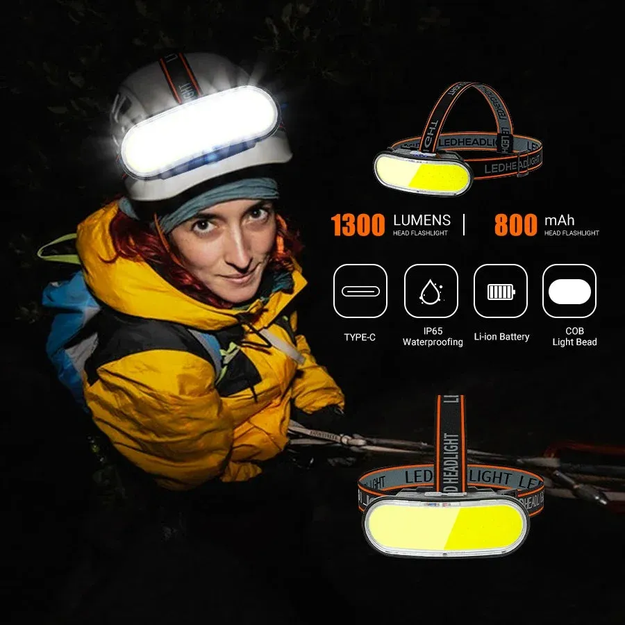 KDULIT 1300LM COB LED Headlamp – USB Rechargeable 5-Mode Waterproof Headlight for Camping & Fishing