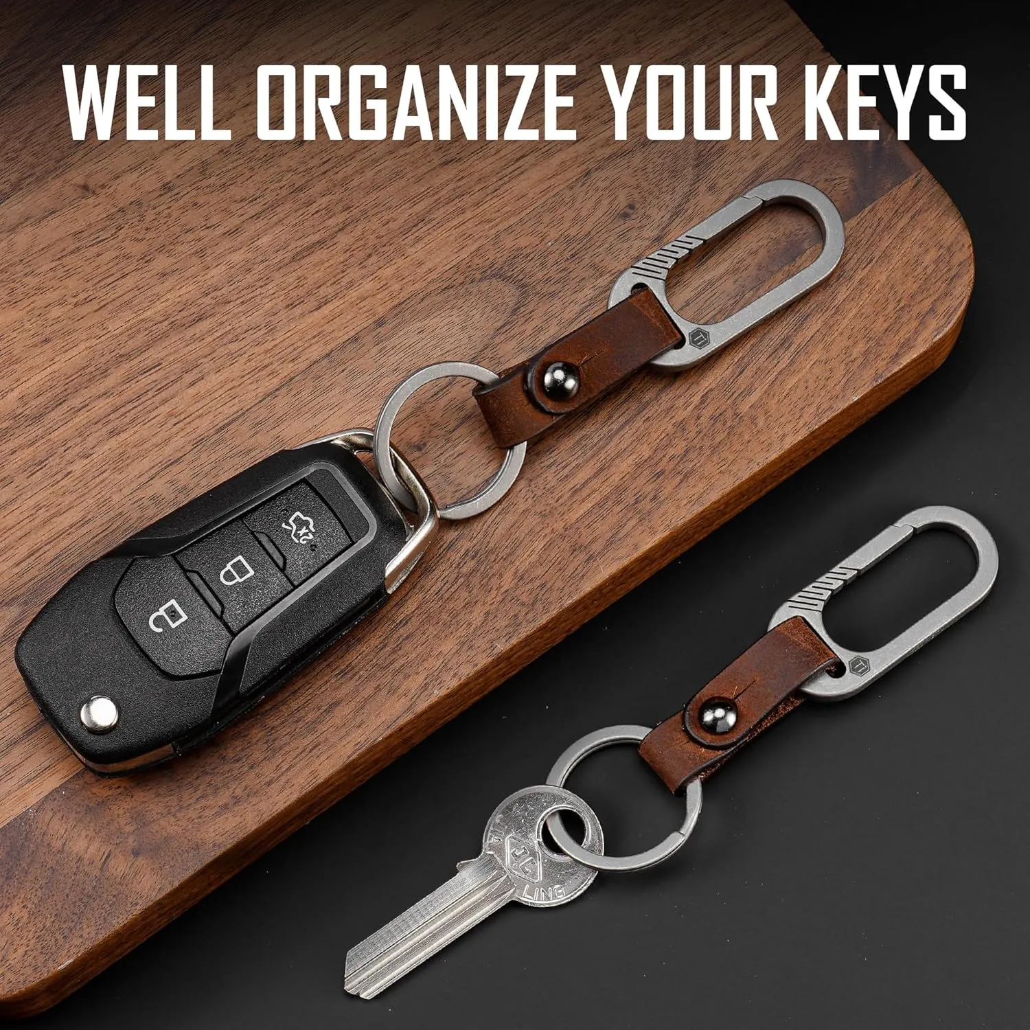 KeyUnity KM02 Titanium Belt Clip Carabiner Leather Keychain Holder with Removable Stainless Steel Key Ring
